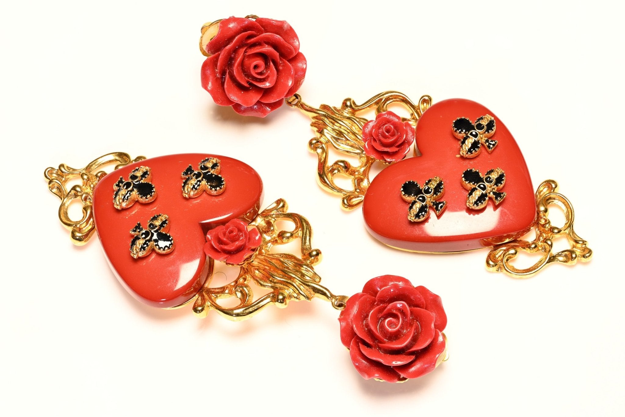 Dolce & Gabbana Red Rose Heart Black Enamel Fleur de Lis Long Earrings