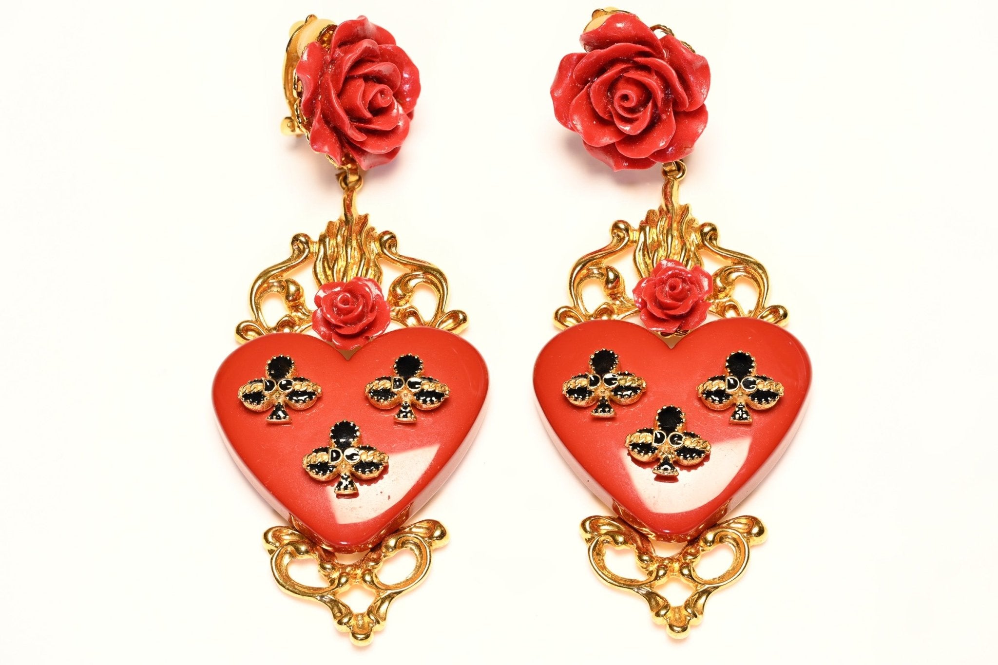 Dolce & Gabbana Red Rose Heart Black Enamel Fleur de Lis Long Earrings