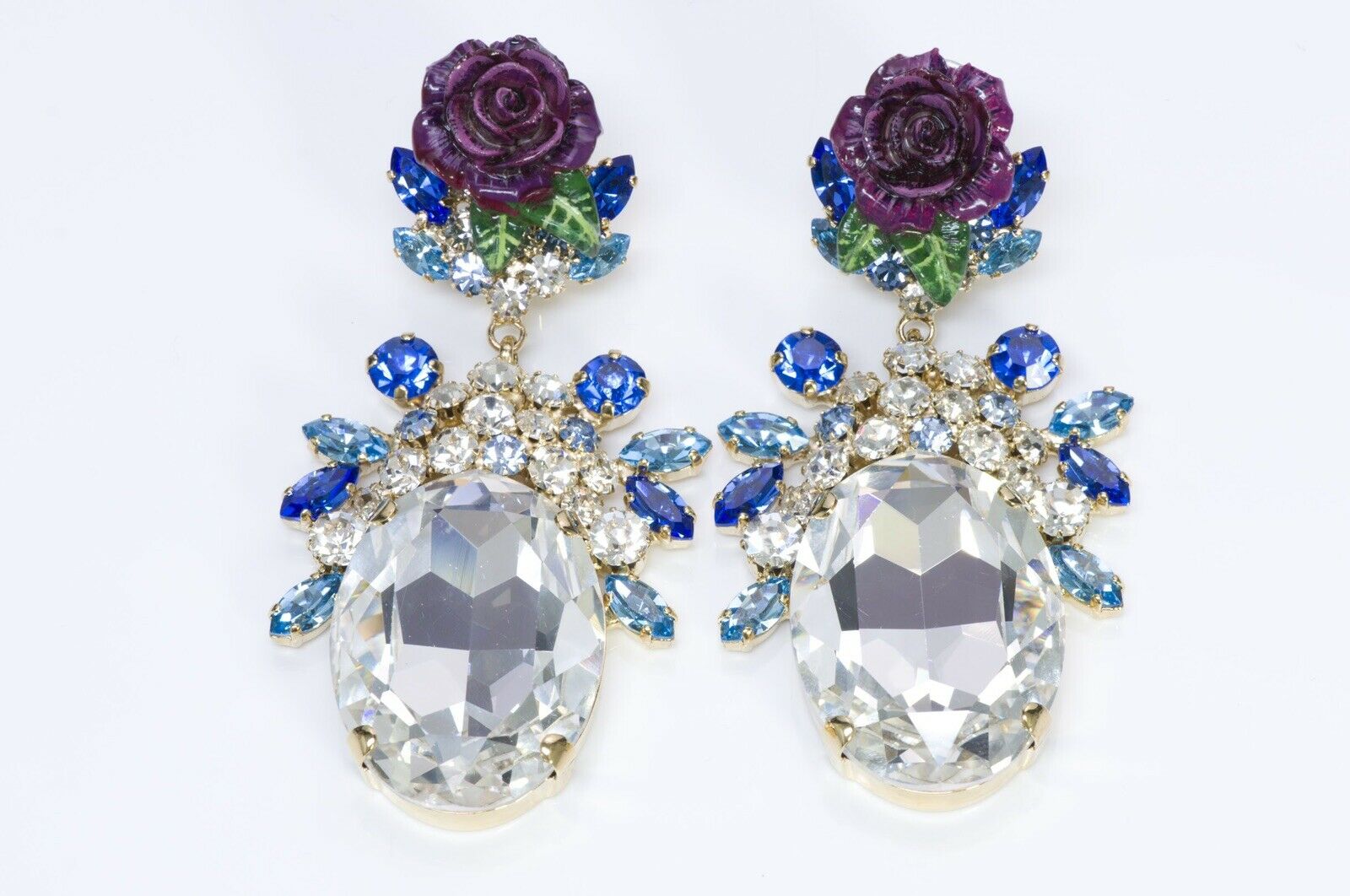 Dolce & Gabbana Runway Blue Crystal Enamel Rose Earrings - DSF Antique Jewelry