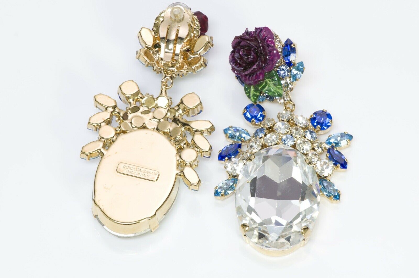 Dolce & Gabbana Runway Blue Crystal Enamel Rose Earrings
