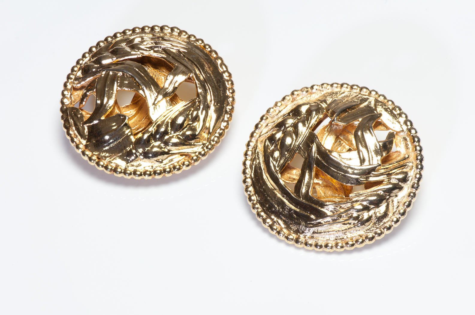 Dominique Aurientis Paris 1980’s Large Gold Plated Wheat Motif Round Earrings - DSF Antique Jewelry