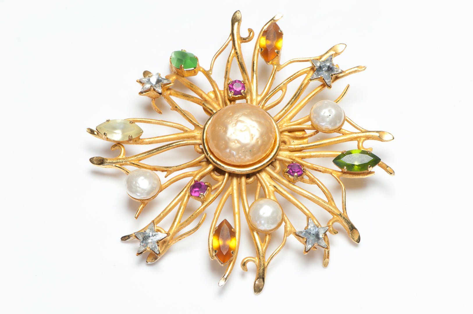 Dominique Aurientis Paris Large Green Yellow Star Crystal Pearl Flower Brooch - DSF Antique Jewelry