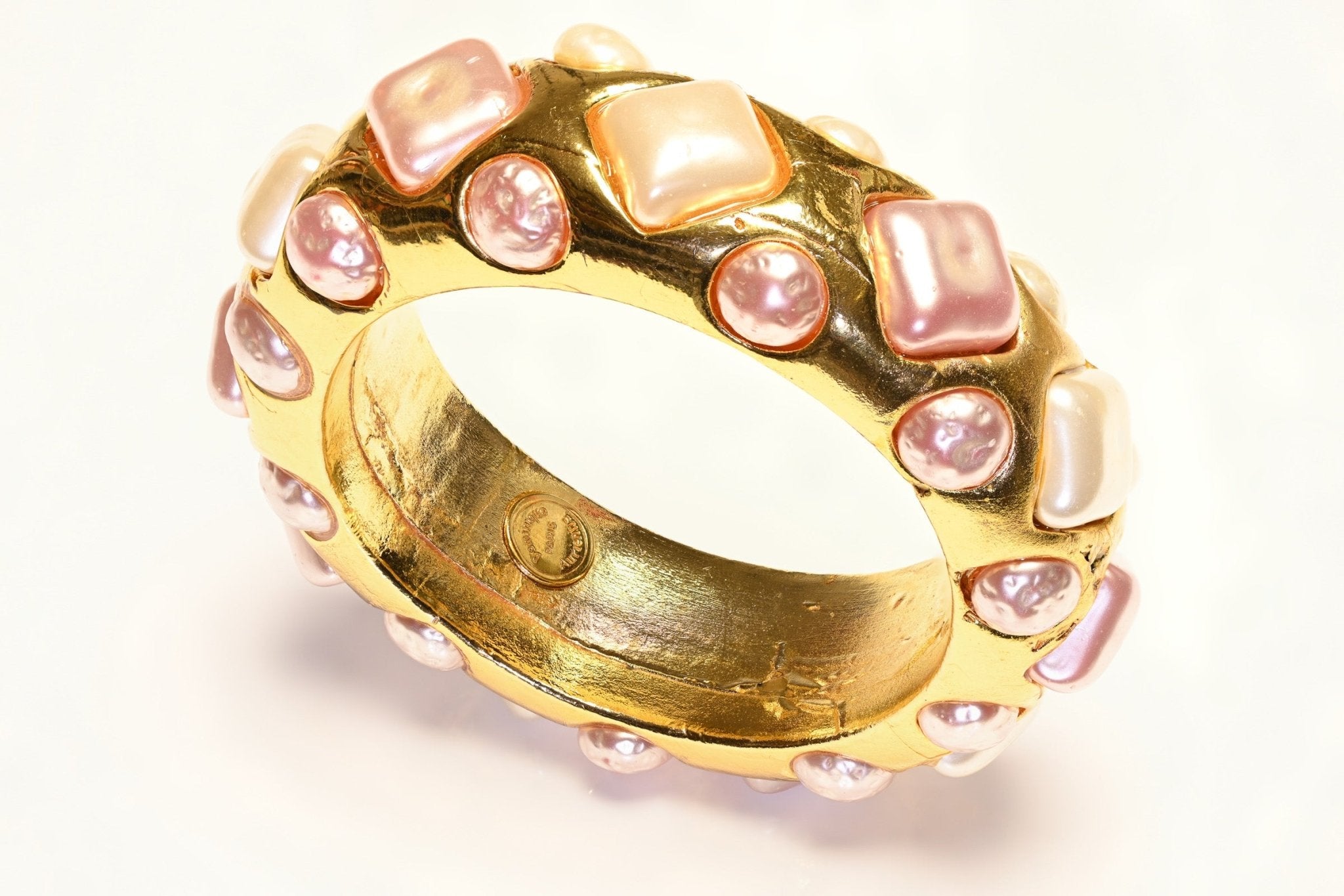 Dominique Aurientis Paris Wide Gold Plated Pink Pearl Bangle Bracelet