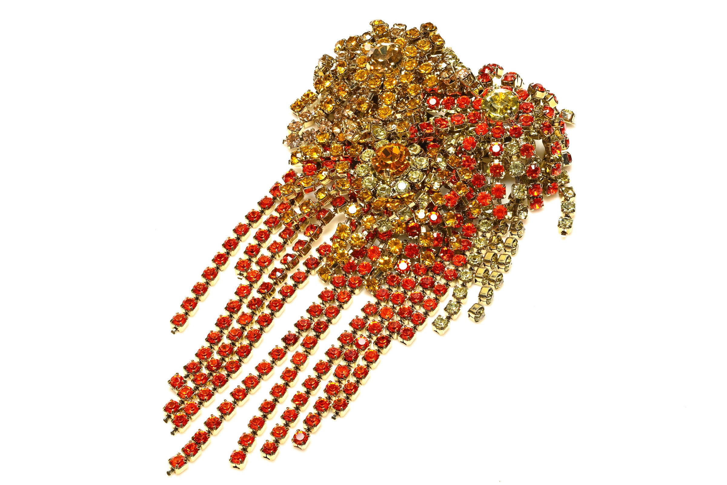 Dries Van Noten Spring 2018 Orange Yellow Crystal Tassel Brooch