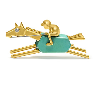 French Art Deco 18K Gold Turquoise and Diamond Horse Jockey Brooch