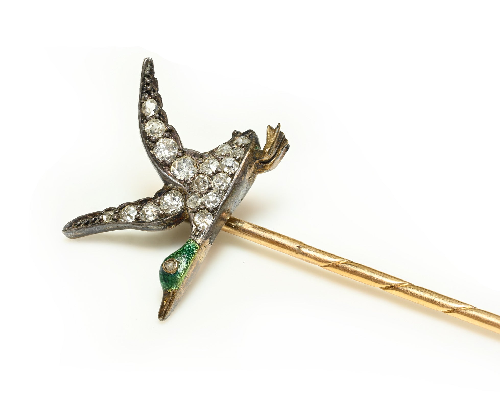 Antique Gold Silver Duck Diamond Stick Pin  Green Enamel