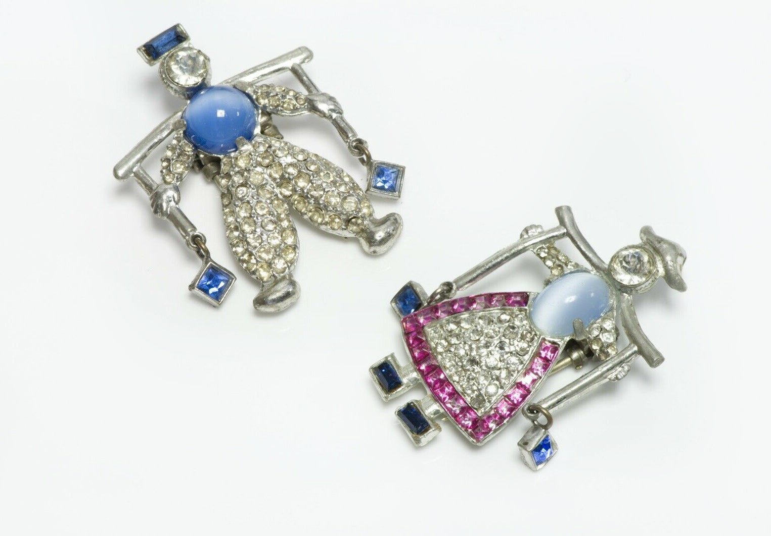 DUJAY 1939 Dutch Twins Jack Jill Water Carrier Blue Pink Crystal Pin Brooch Set - DSF Antique Jewelry