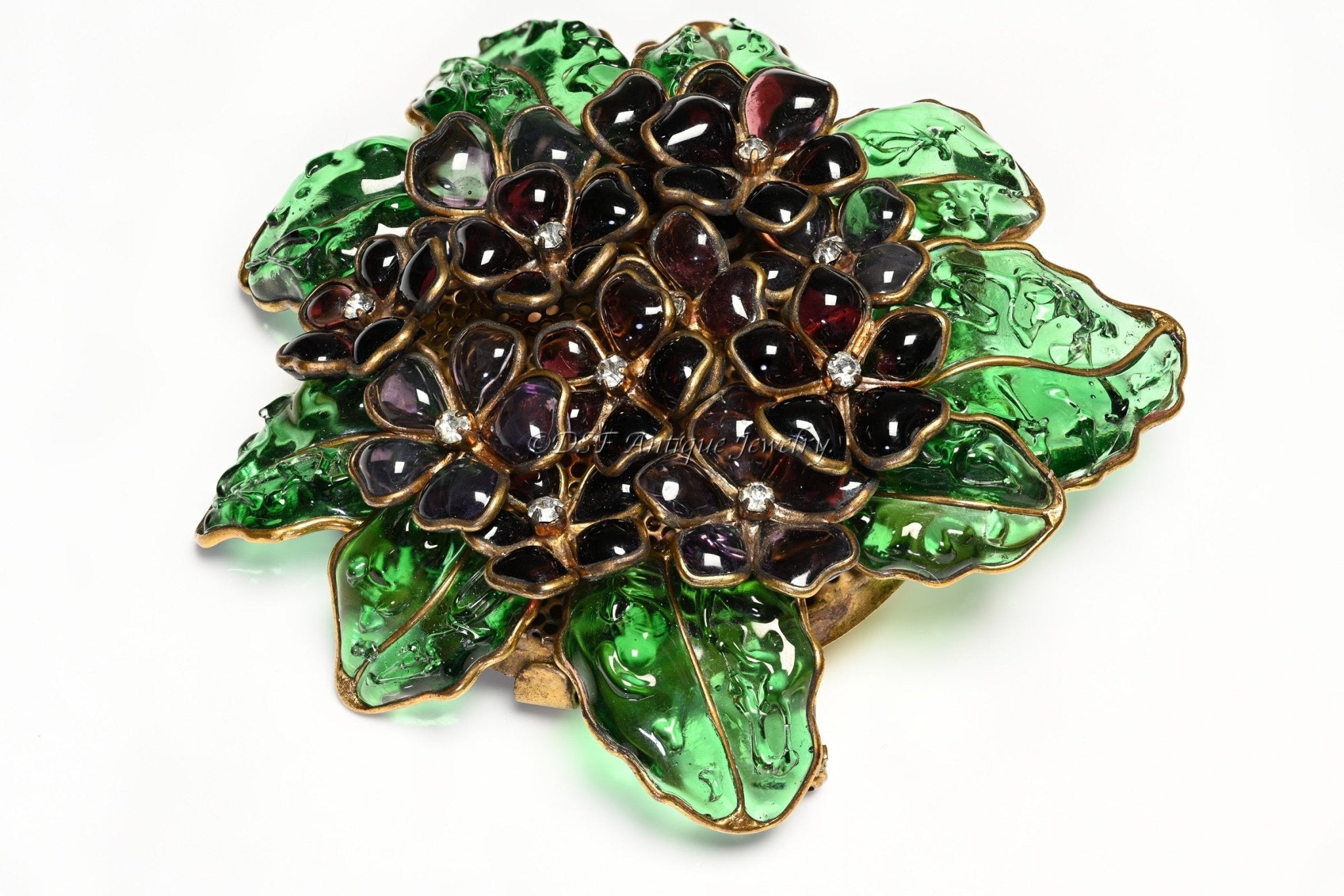 Early 1930's Coco Chanel Paris Gripoix Purple Green Poured Glass Large Flower Brooch