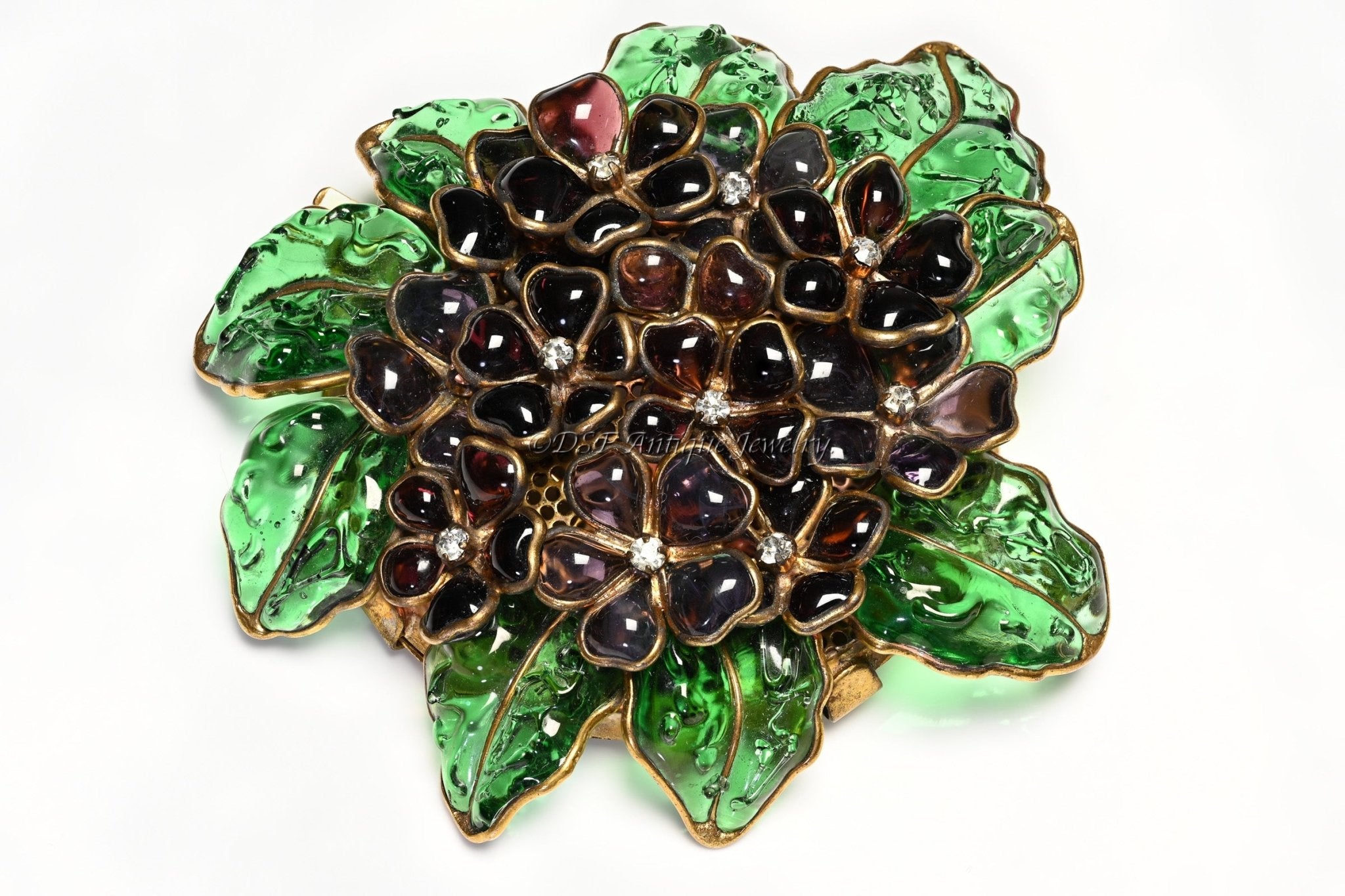 Early 1930's Coco Chanel Paris Gripoix Purple Green Poured Glass Large Flower Brooch - DSF Antique Jewelry
