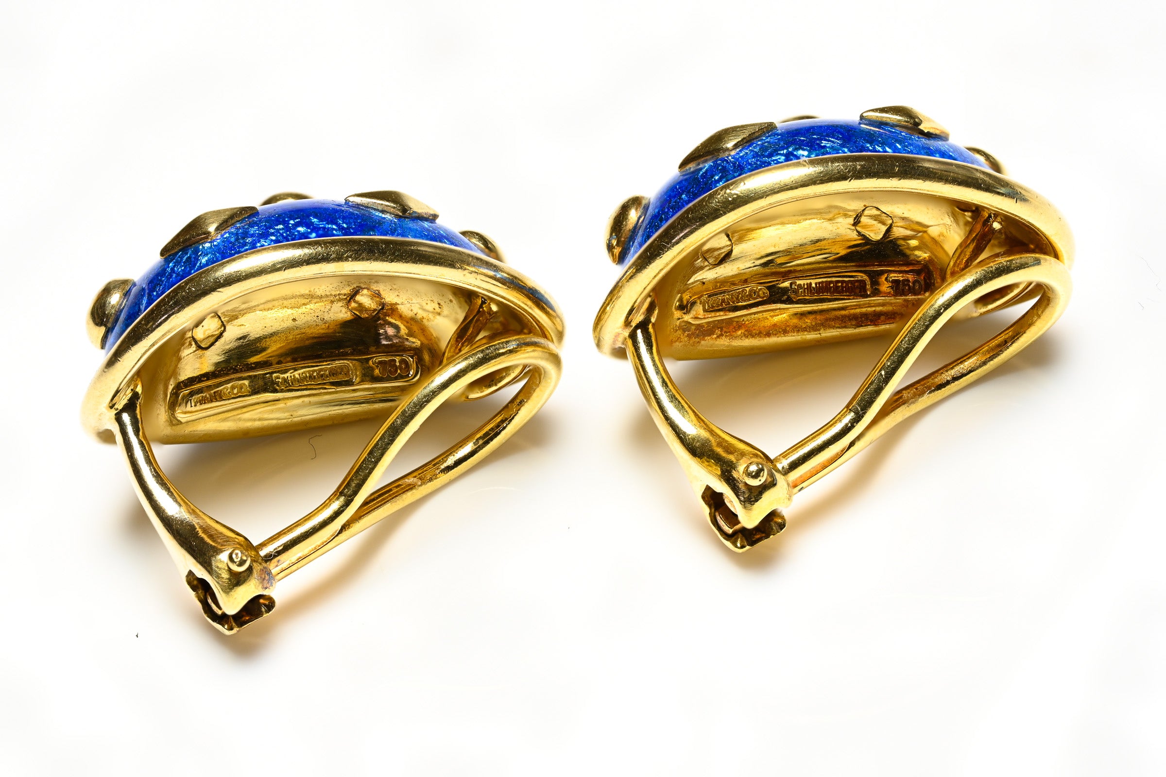 Tiffany & Co. Schlumberger 18K Gold Blue Enamel Dot Earrings 