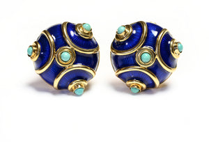 Earrings 18K Gold Blue Enamel and Turquoise Accents