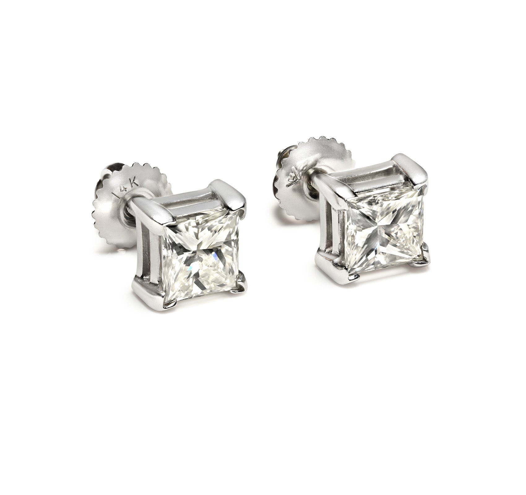 2.20 CTW Princess Cut Natural Diamond Stud Earrings in Gold