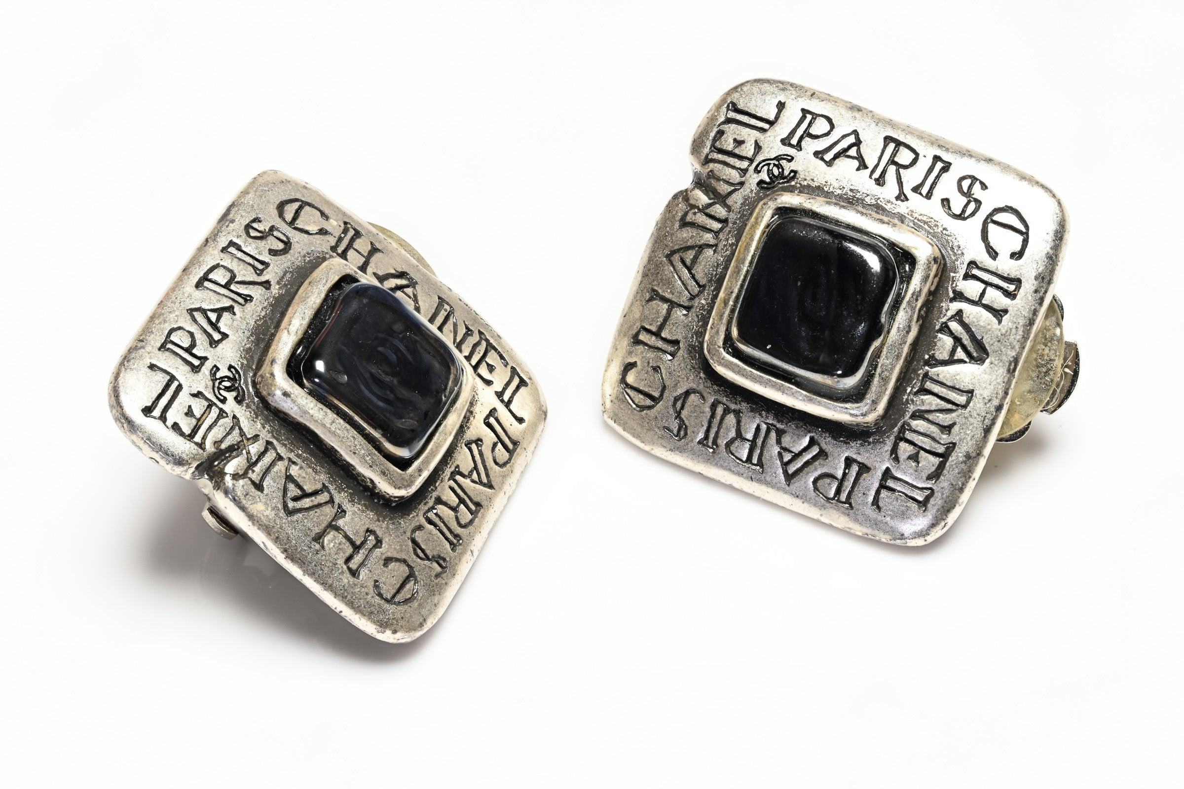 Vintage Chanel Paris Fall 1999 Gripoix Glass Silver Tone Script Logo Earrings