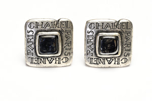 Vintage Chanel Paris Fall 1999 Gripoix Glass Silver Tone Script Logo Earrings