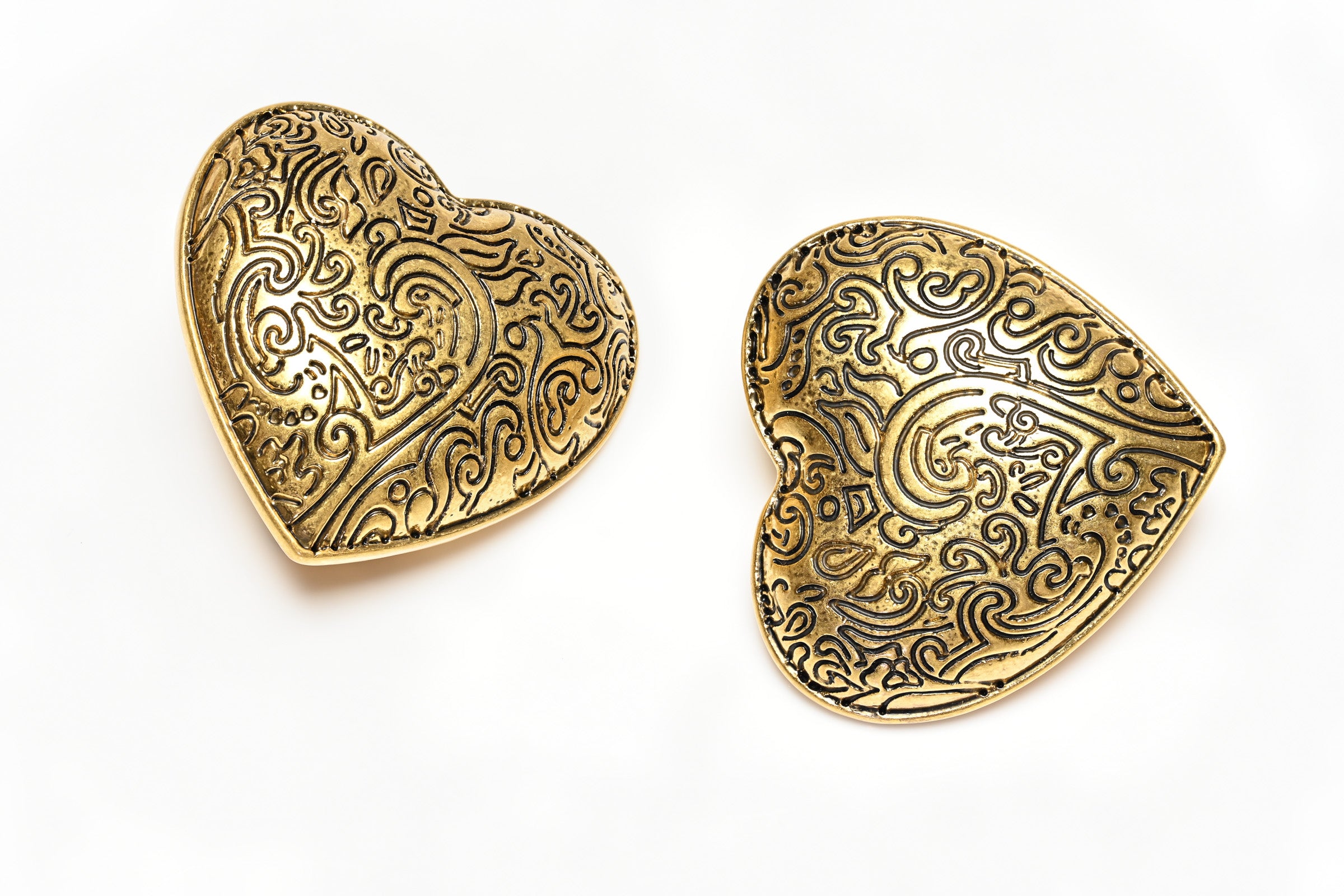 Vintage Yves Saint Laurent YSL Paris Gold Plated Engraved Heart Earrings