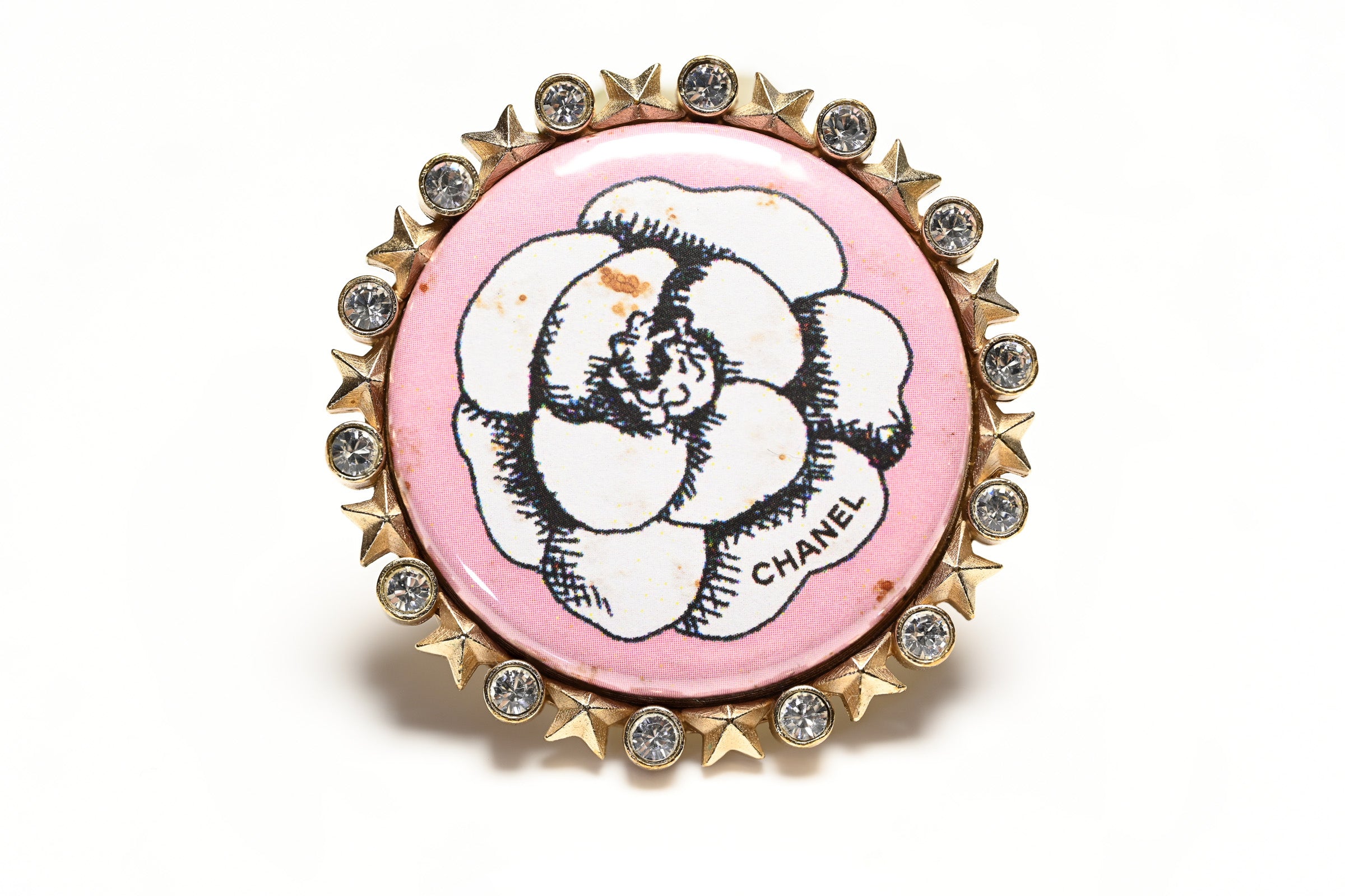 Chanel Paris Spring 2008 Pink White Camellia Flower Crystal Brooch