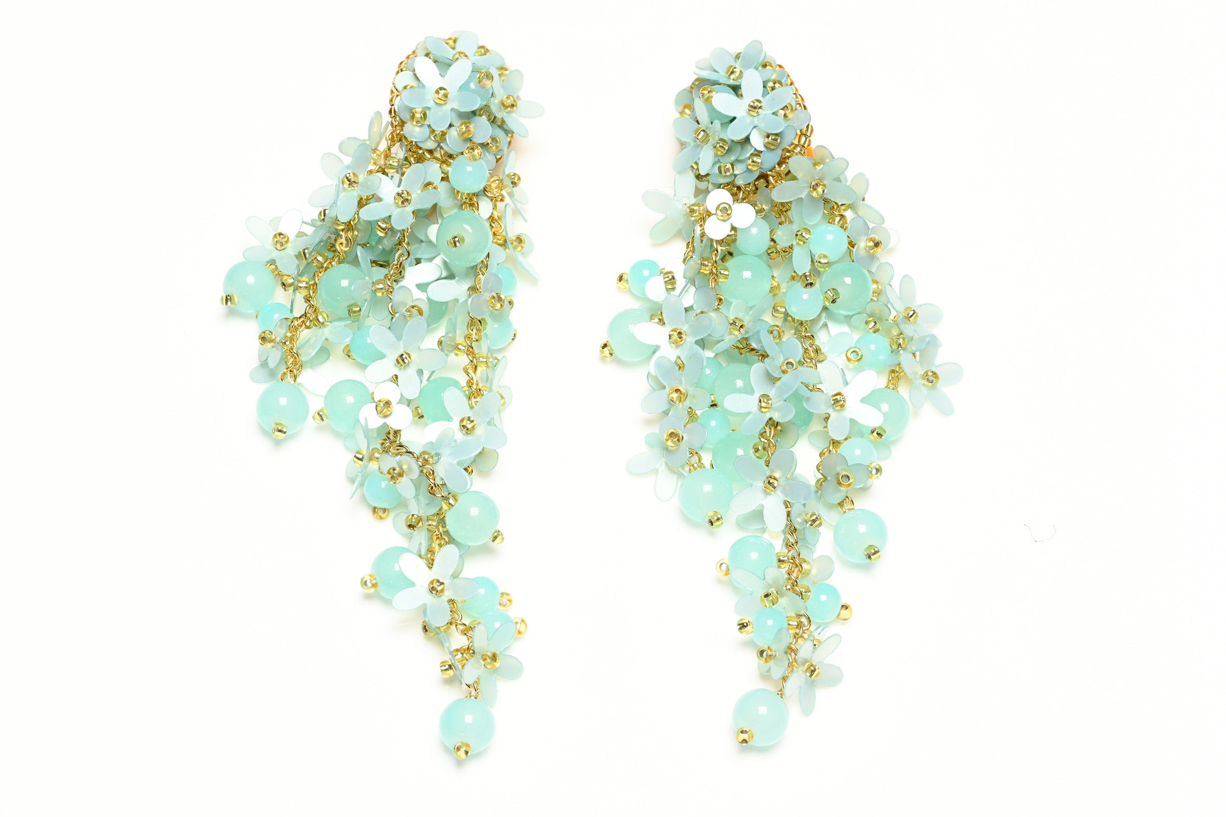 Oscar de la Renta Green Beads Flower Long Earrings