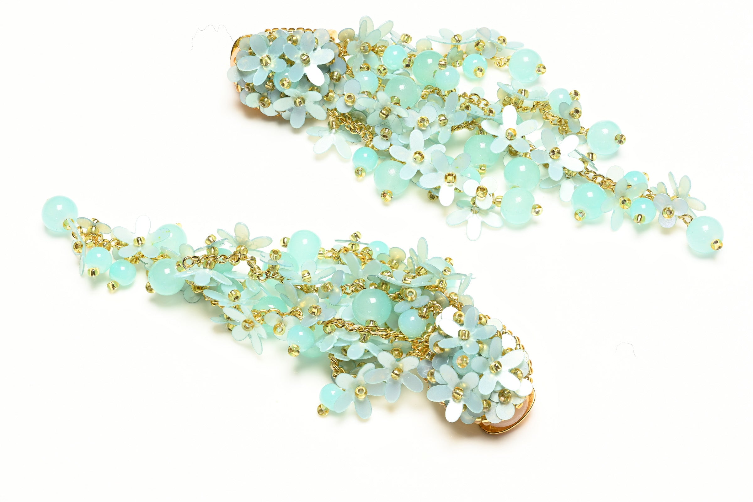 Oscar de la Renta Green Beads Flower Long Tassel Earrings