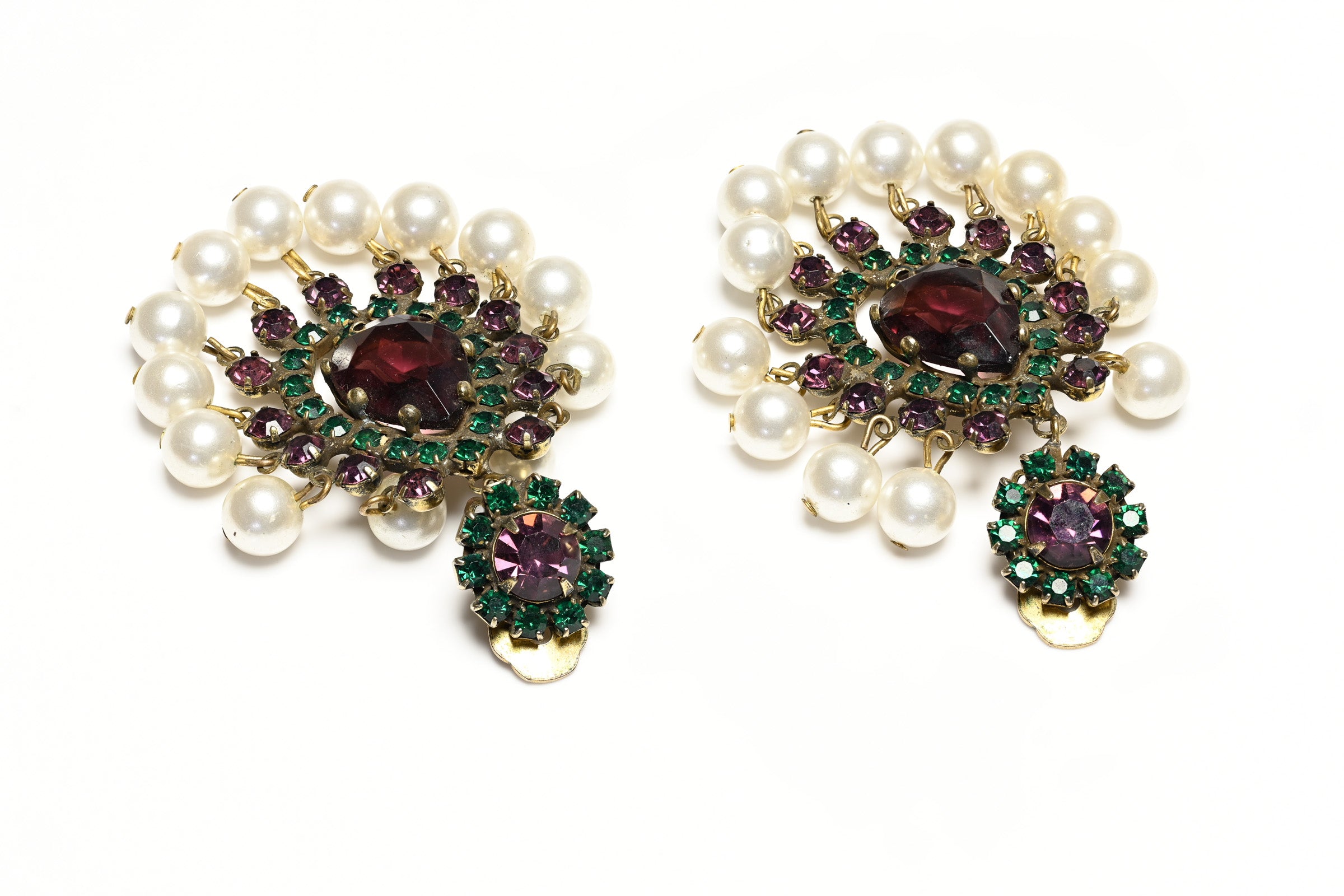Vintage 1960's Kenneth Jay Lane Purple Green Crystal Mughal Style Earrings