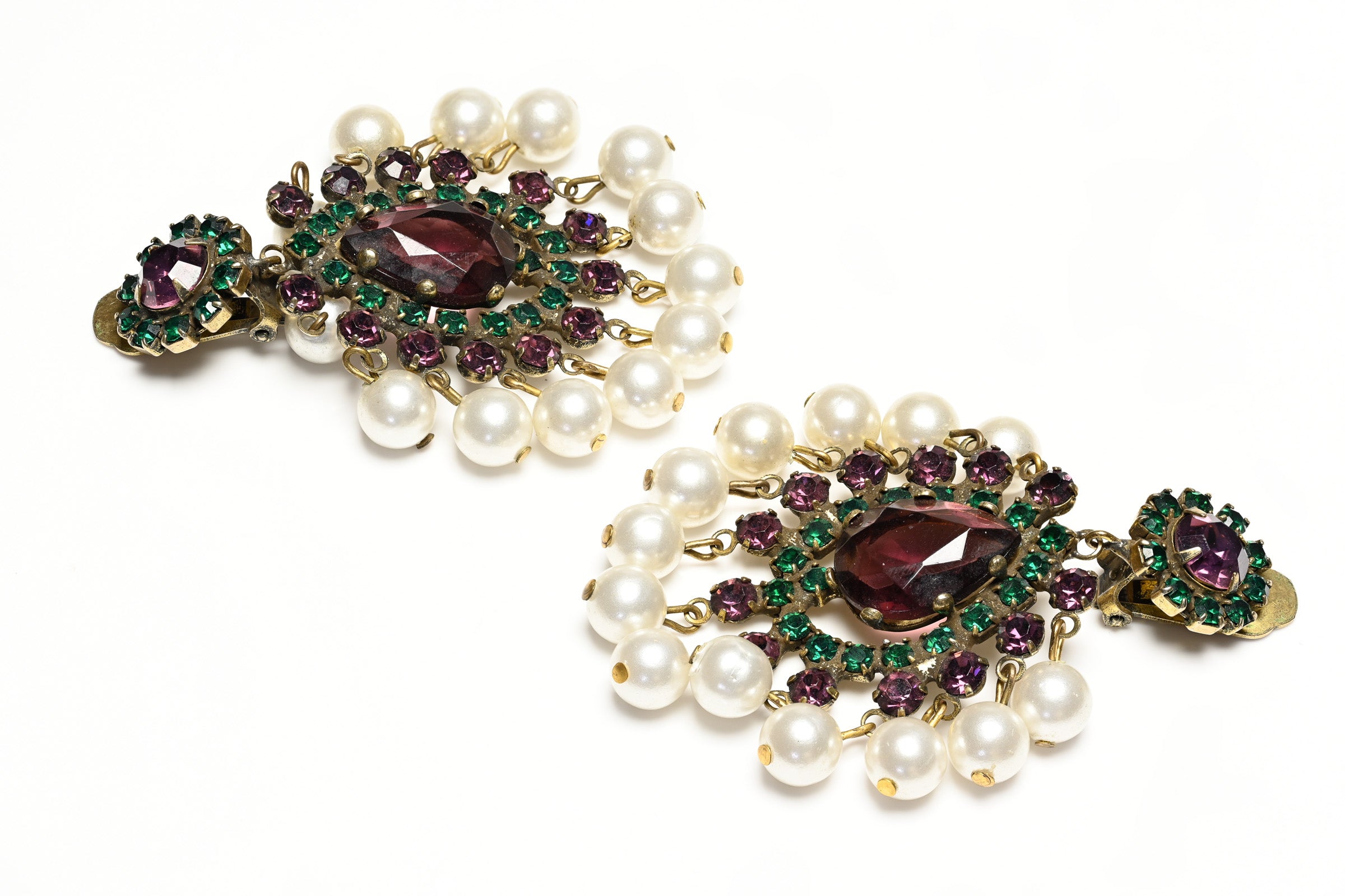 Vintage 1960's Kenneth Jay Lane Purple Green Crystal Pearl Mughal Style Earrings