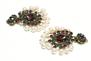 Vintage 1960's Kenneth Jay Lane Purple Green Crystal Pearl Mughal Style Earrings