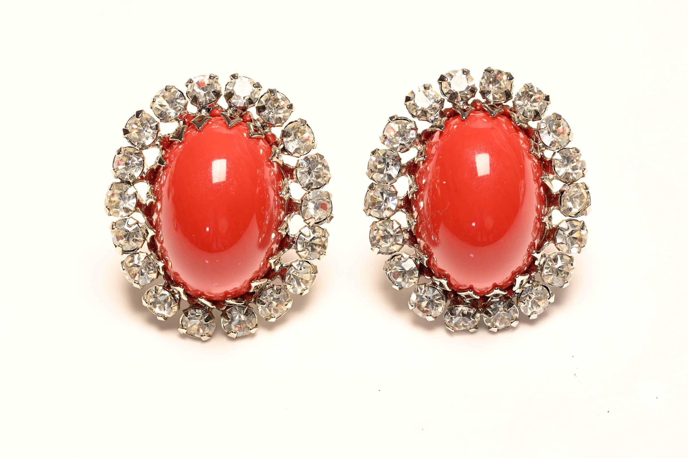 Vintage Schreiner NY Large Red Cabochon Dome Crystal Earrings