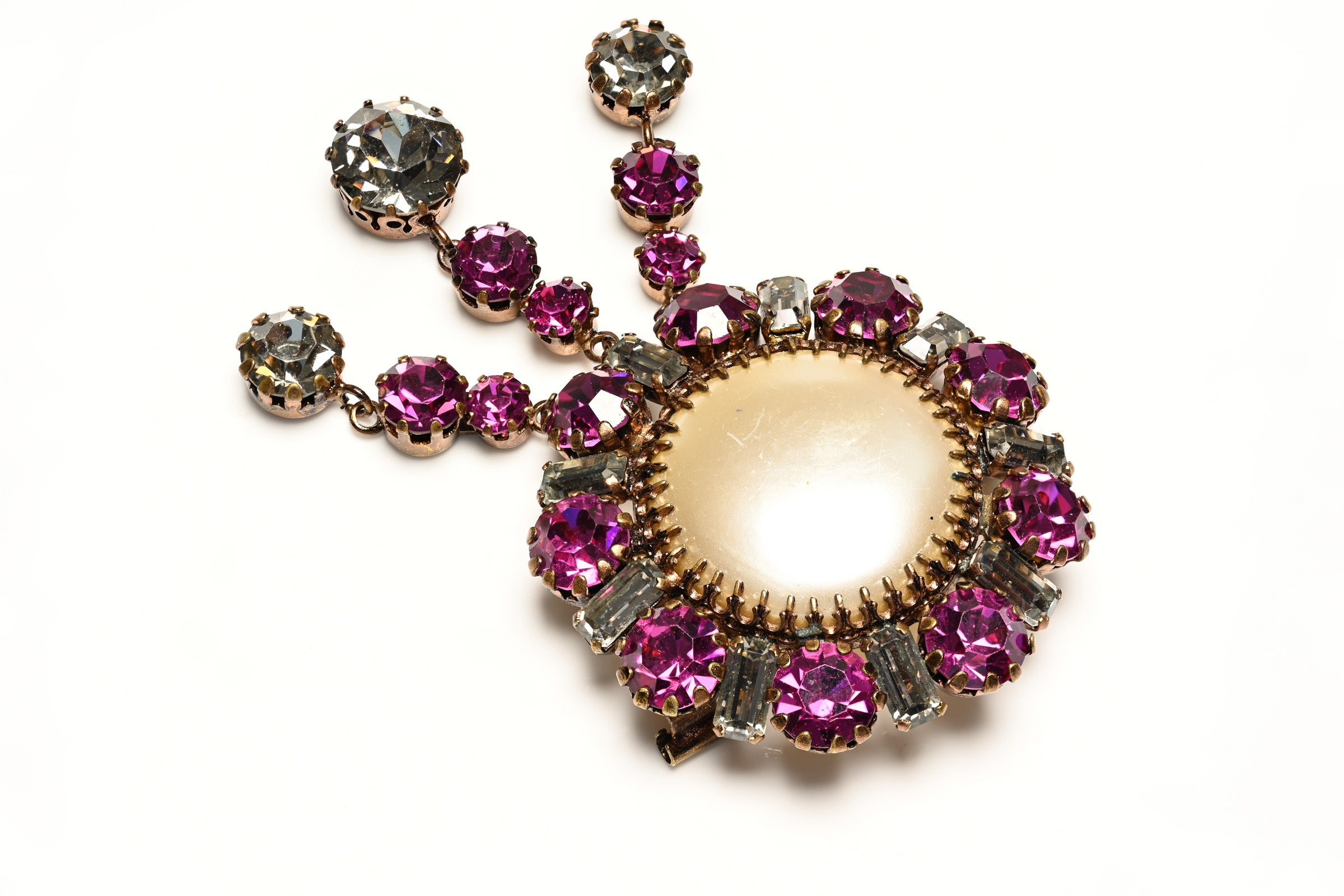 Vintage 1950's Countess CIS Fuchsia Pink Crystal Pearl Brooch