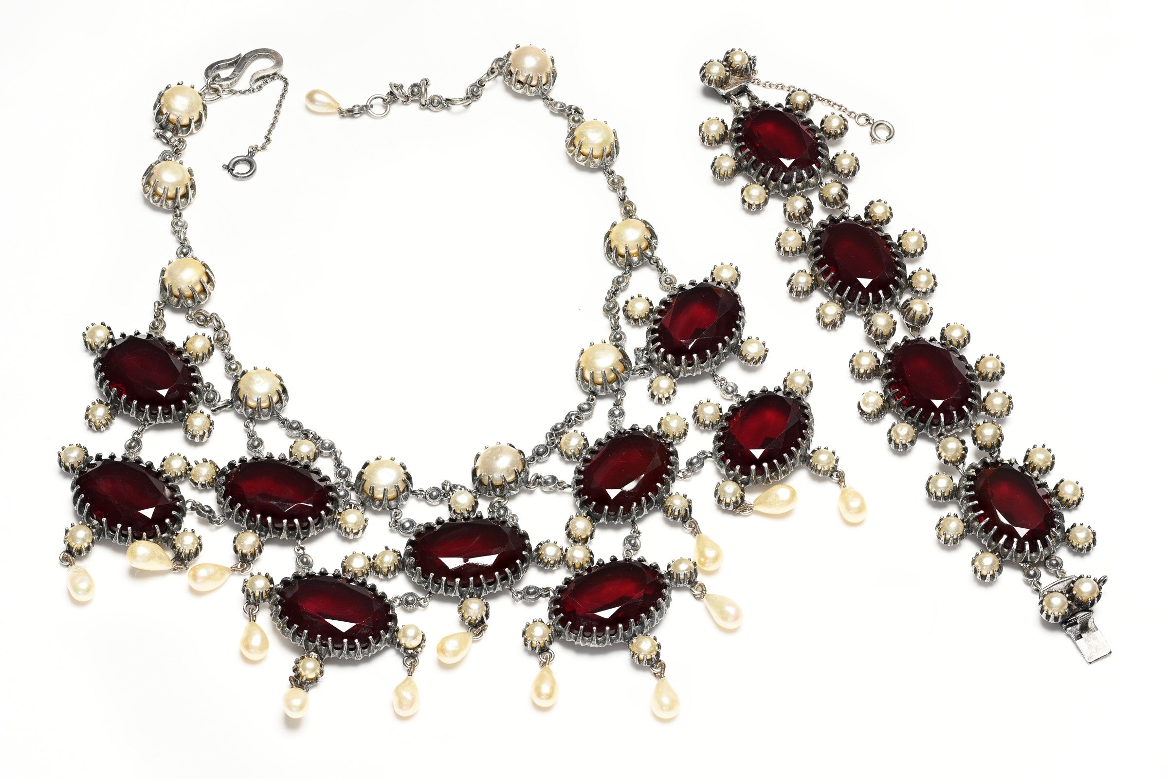 Christian Dior Paris Couture 1955 Francis Winter Red Crystal Pearl Necklace Bracelet Set