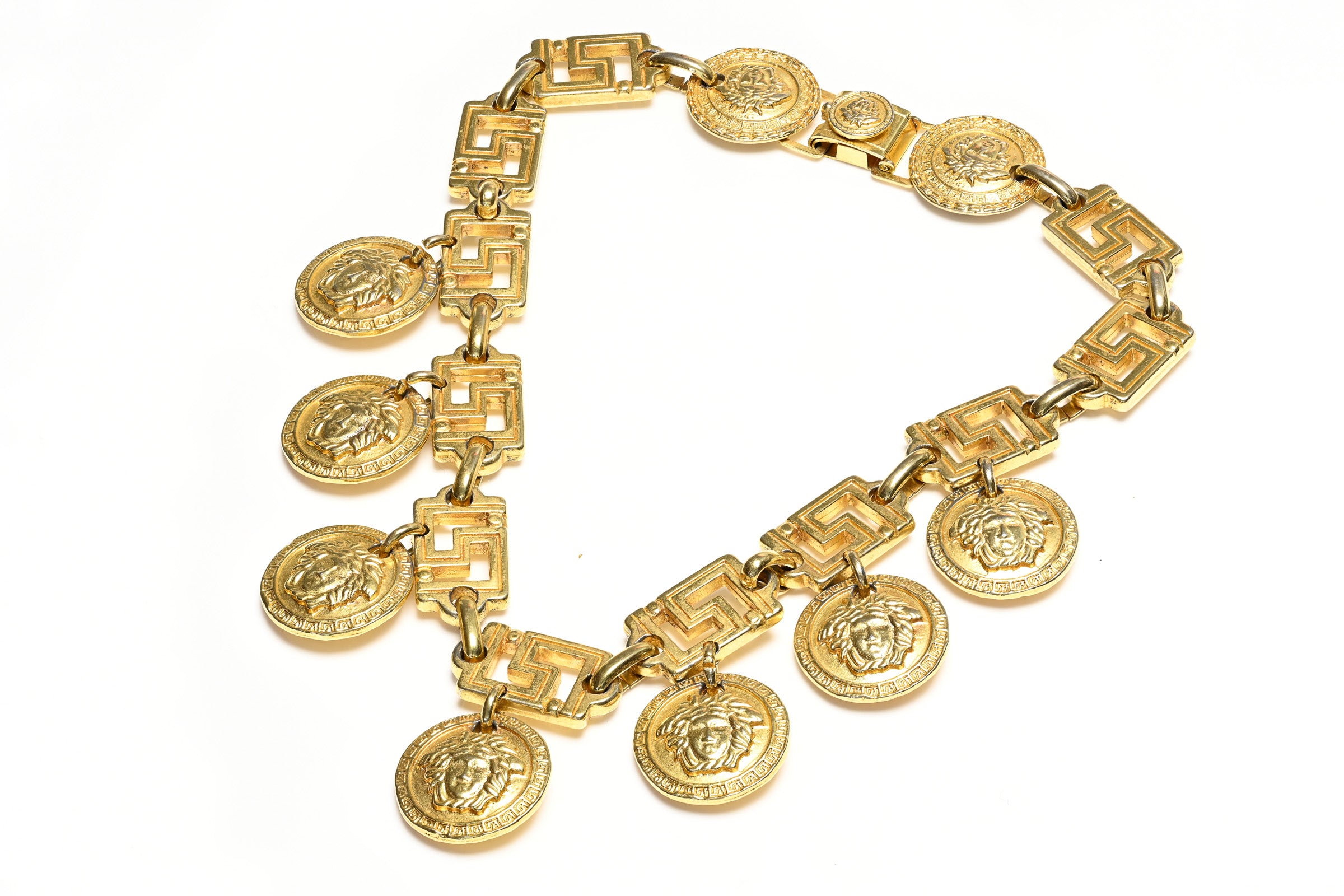 Vintage 1990's Gianni Versace Gold Plated Medusa Coin Tassel Necklace