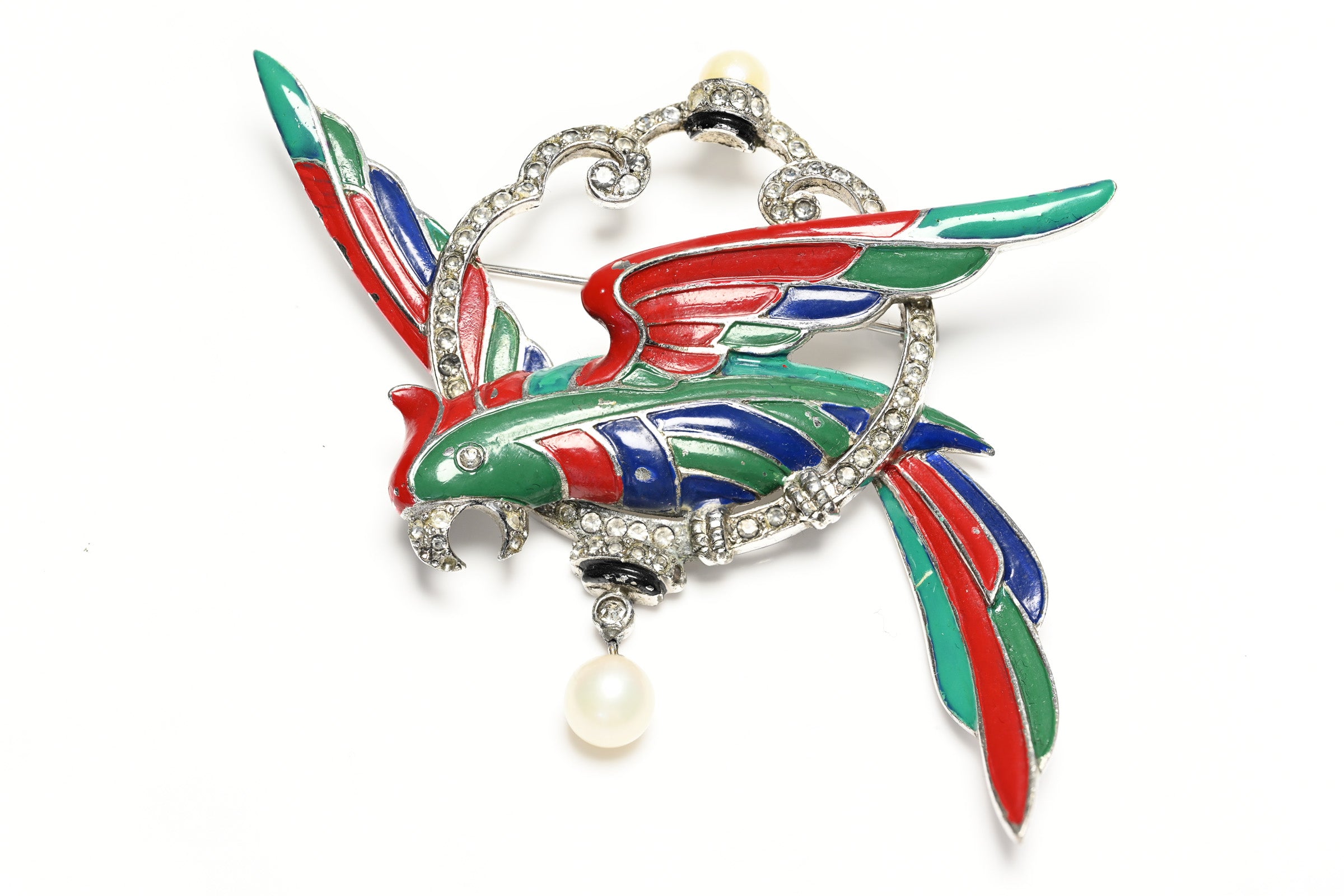 Vintage 1940's Marcel Boucher Green Red Blue Enamel Parrot Bird Pearl Brooch