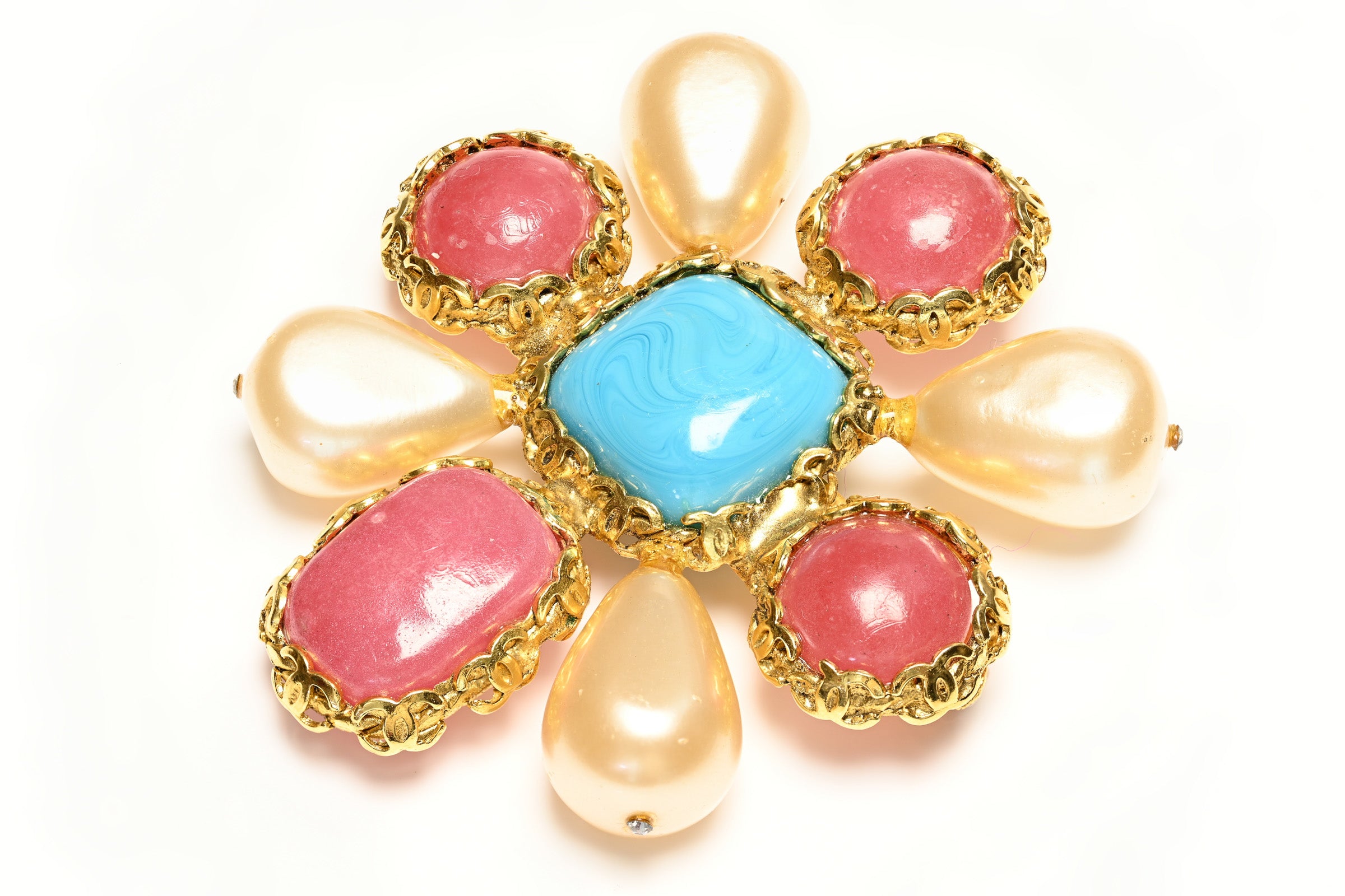 Vintage 1990's Chanel Paris Gripoix Pink Blue Glass CC Pearl Cross Brooch