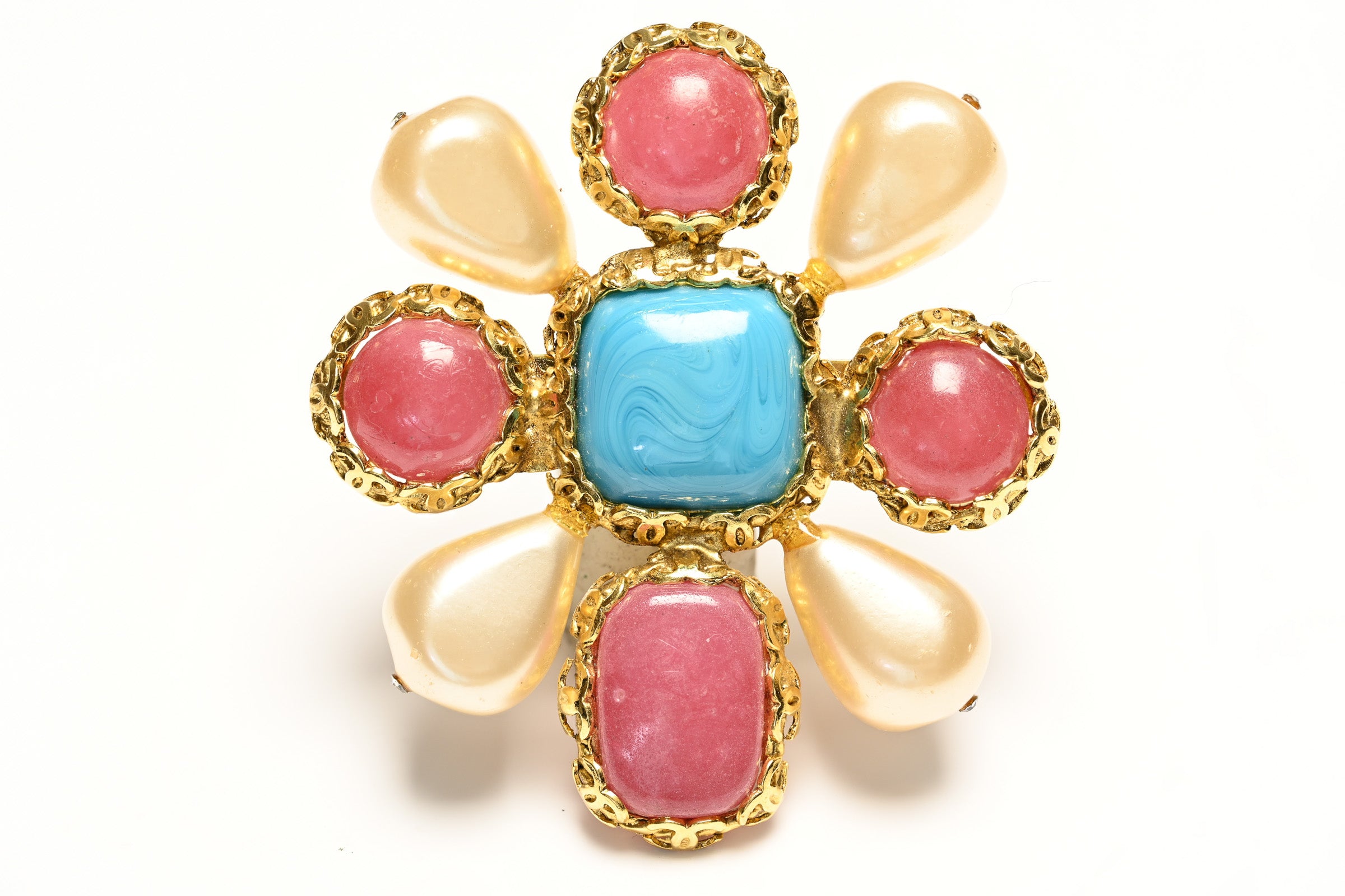 Vintage 1990's Chanel Paris Gripoix Pink Blue Glass CC Pearl Cross Flower Brooch