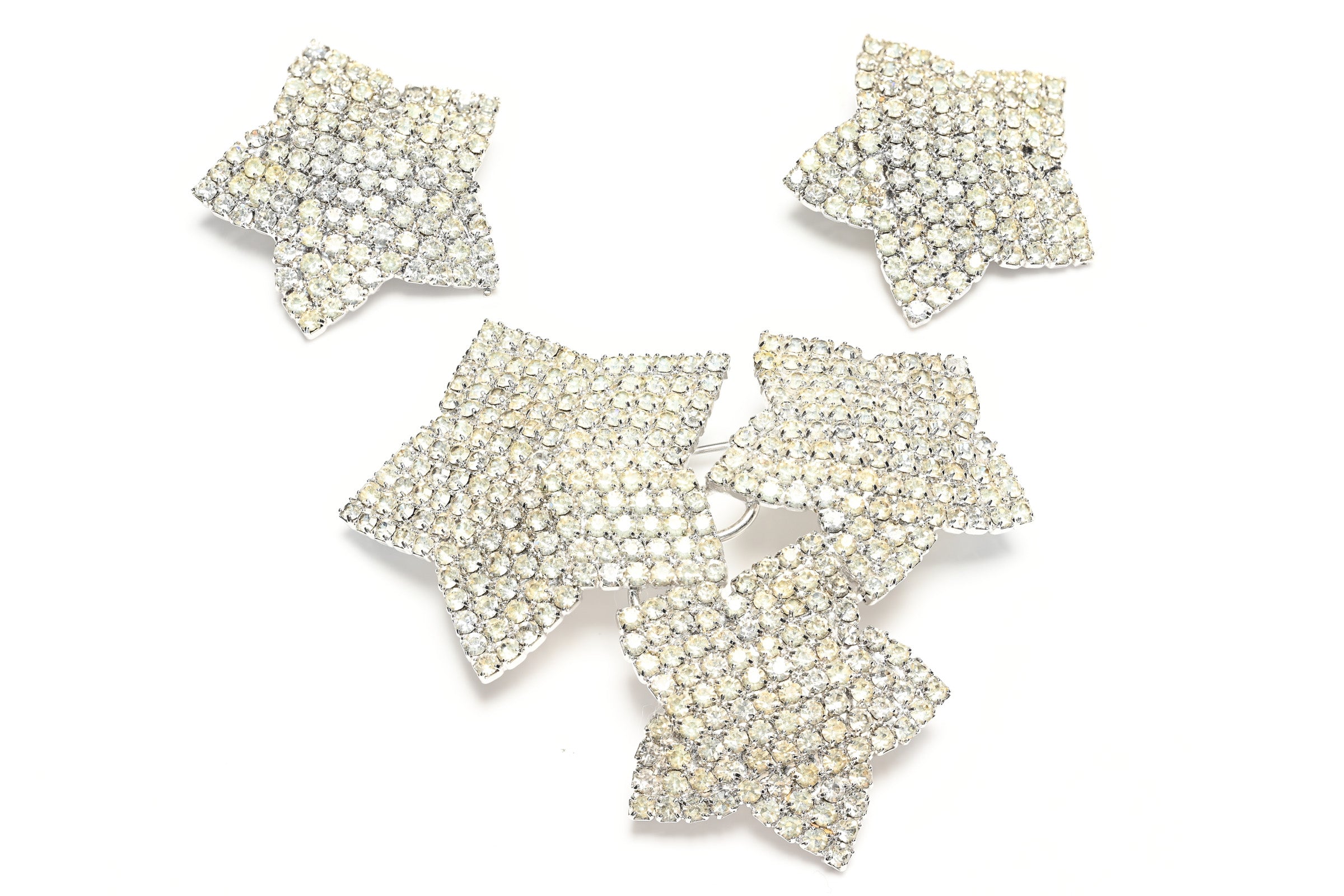 Vintage Pauline Trigere Rhodium Plated Crystal Star Brooch Earrings Set