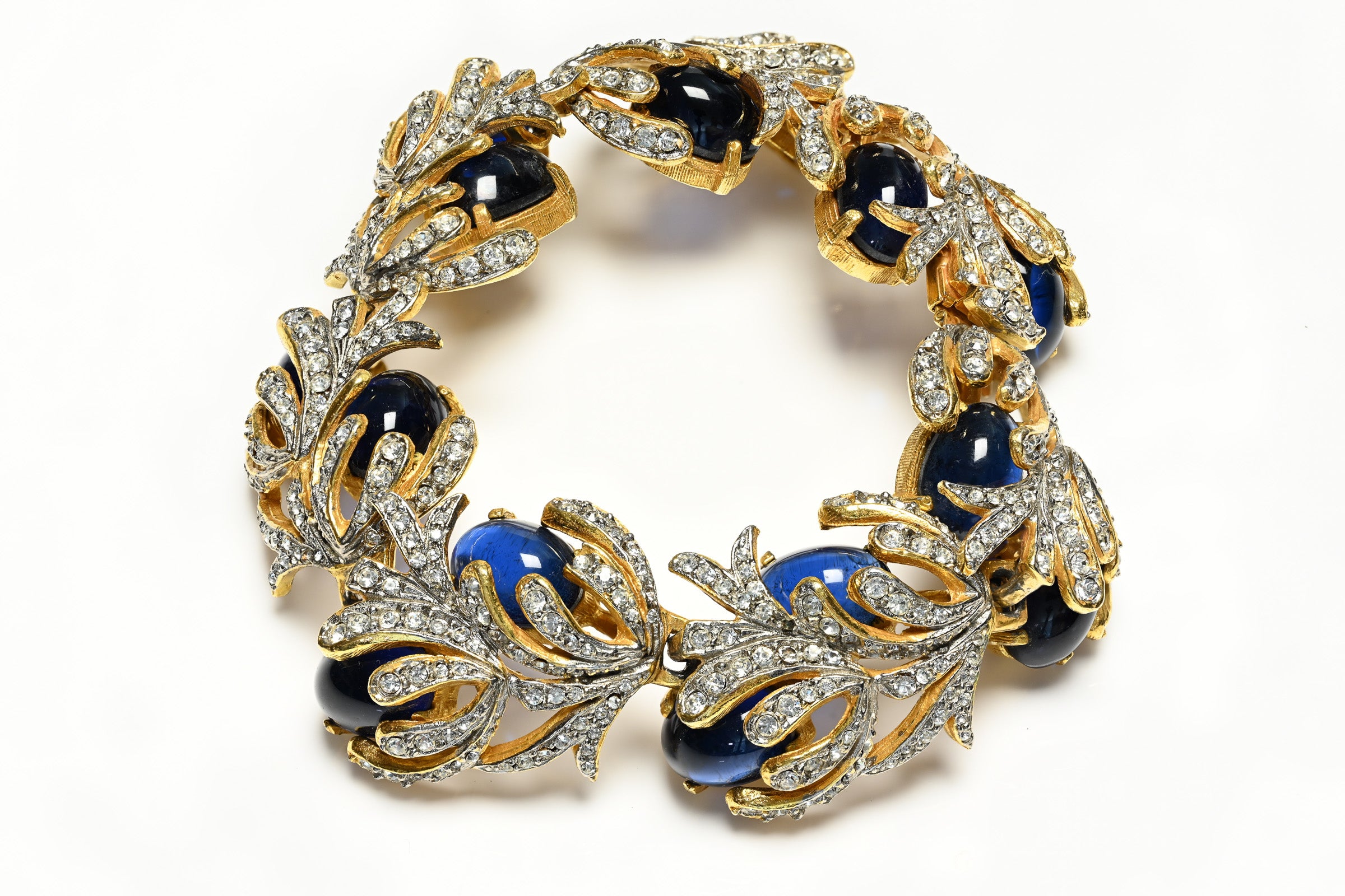 Vintage 1980's Kenneth Jay Lane KJL Blue Cabochon Glass Crystal Leaf Bracelet