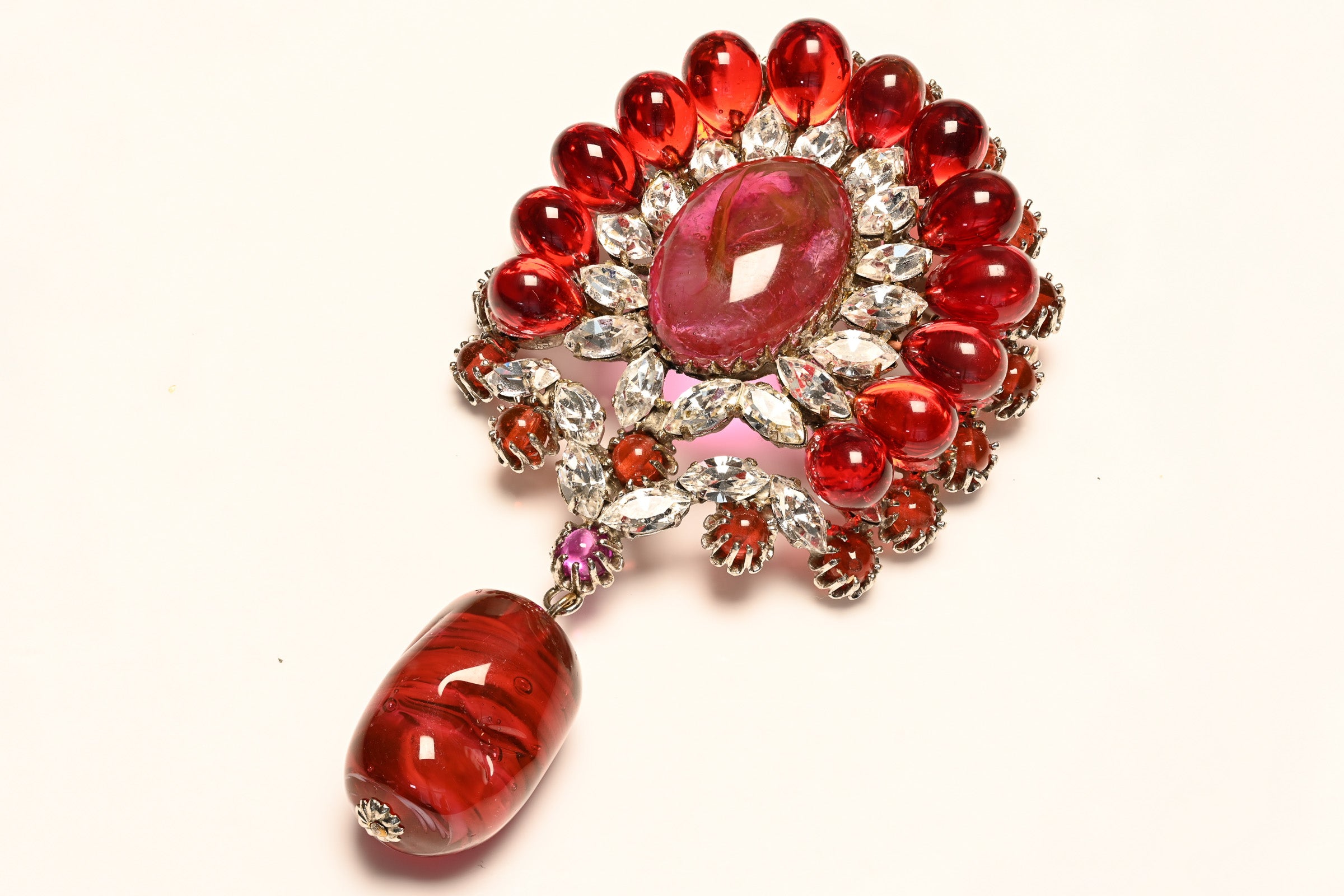 Vintage Christian Dior Couture 1950's Roger Jean-Pierre Red Glass Brooch