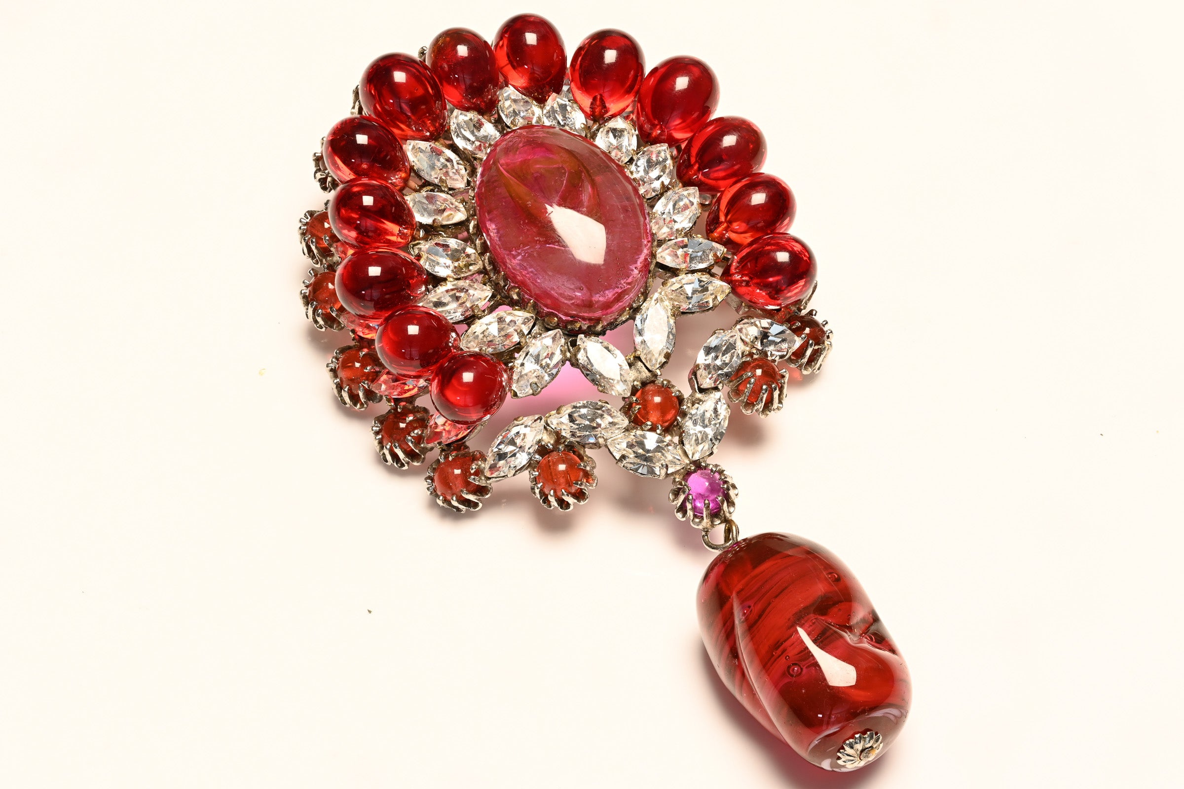 Vintage Christian Dior Couture 1950's Roger Jean-Pierre Red Glass Crystal Brooch