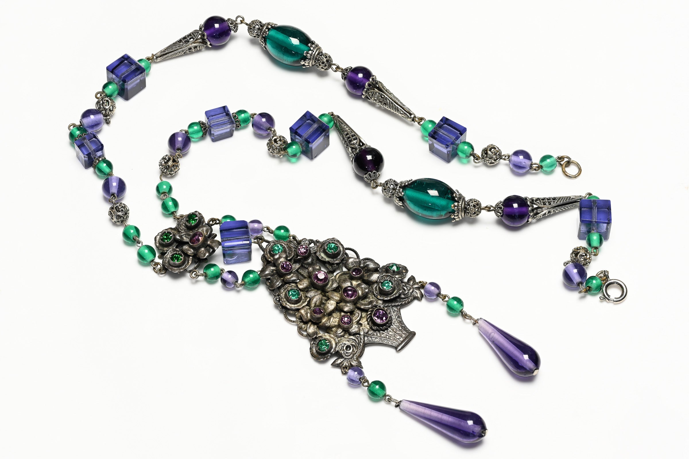 Vintage Czech Purple Green Glass Beads Crystal Flower Necklace