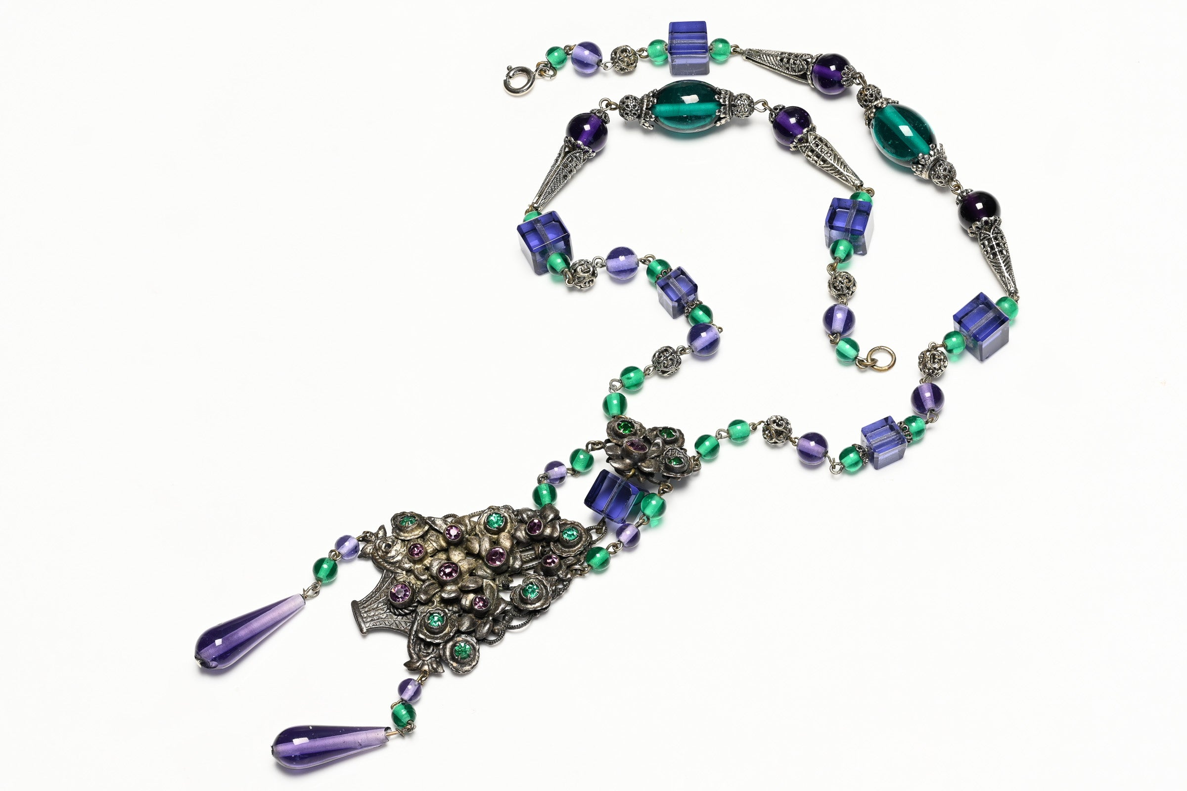 Vintage Czech Purple Green Glass Beads Crystal Flower Tassel Necklace