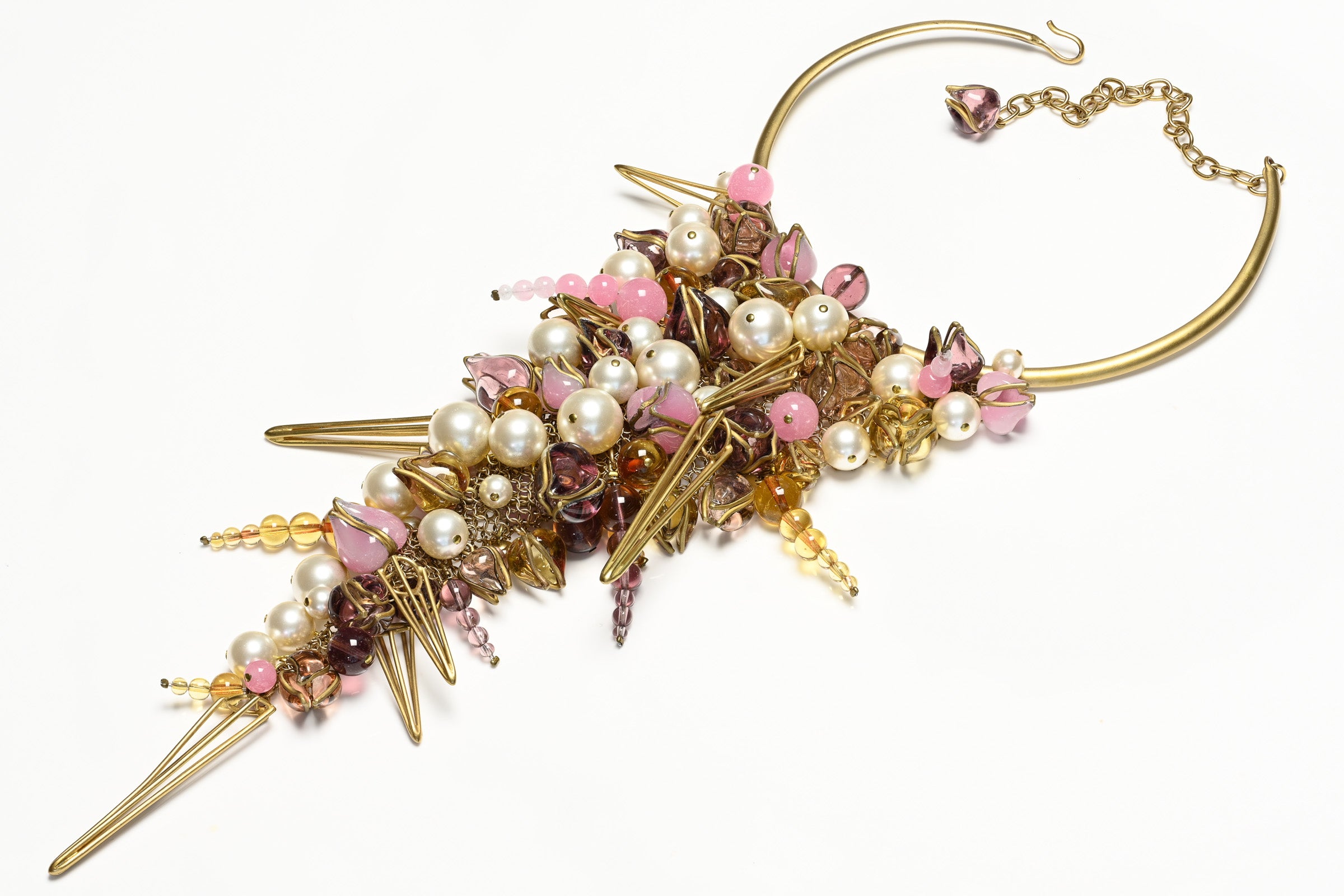 Vintage Gripoix Paris Pink Purple Glass Pearl Flower Tassel Mesh Necklace