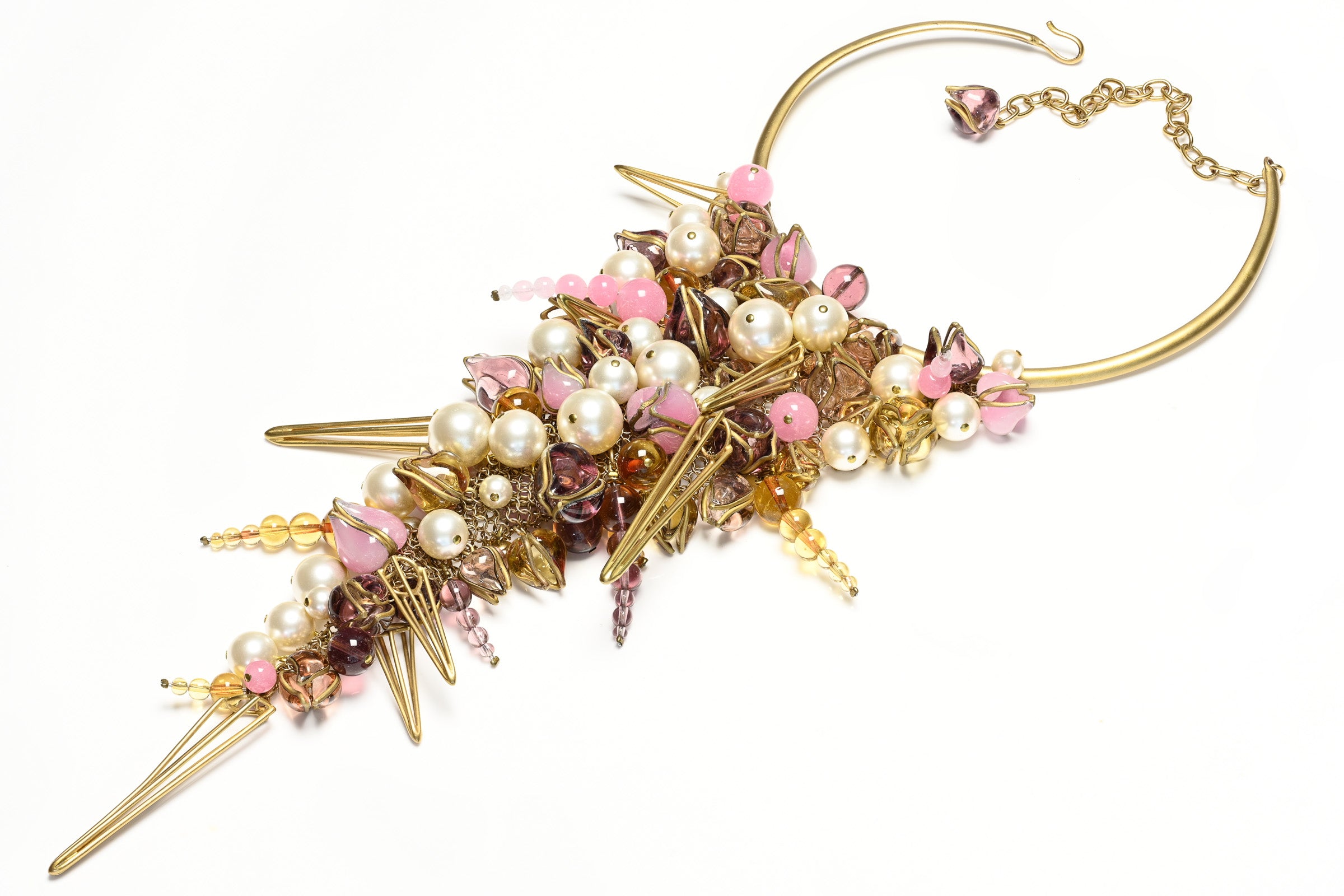 Vintage Gripoix Paris Pink Purple Glass Pearl Flower Tassel Mesh Bib Necklace