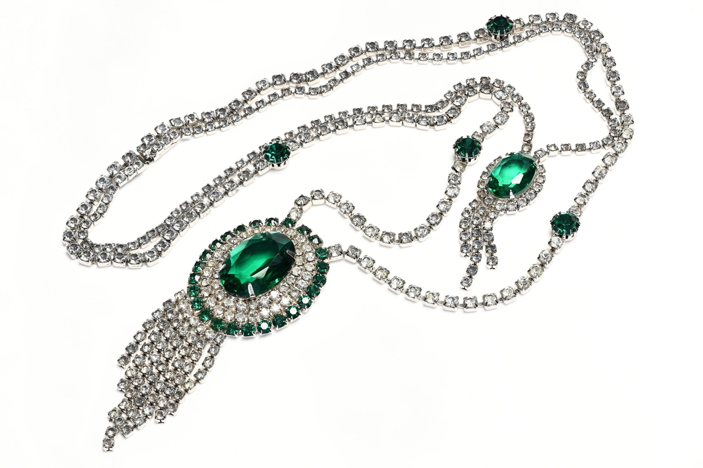 Vintage 1950's Rhodium Plated Green Crystal Tassel Sautoir Necklace