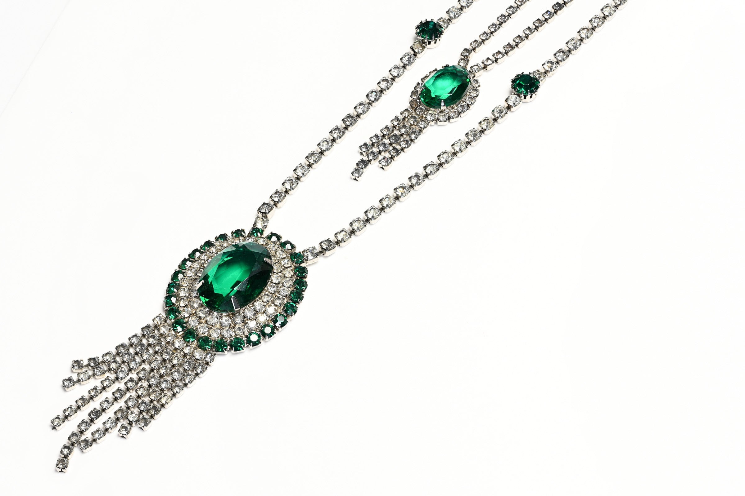 Vintage 1950's Rhodium Plated Green Crystal Tassel Necklace