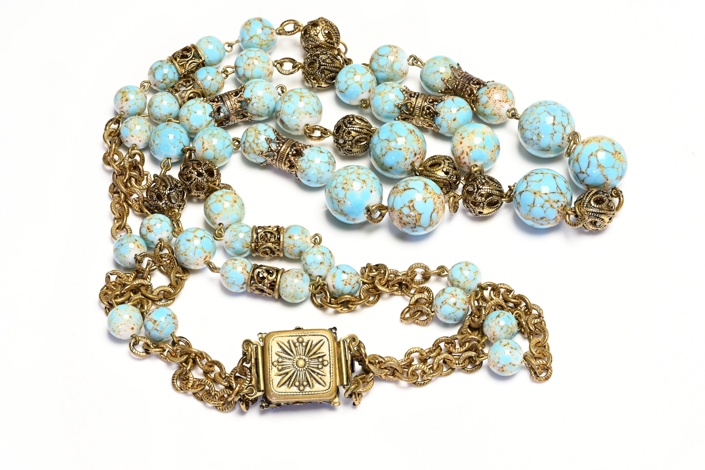 Vintage 1950's Louis Rousselet  Couture Blue Glass Filigree Beads Necklace