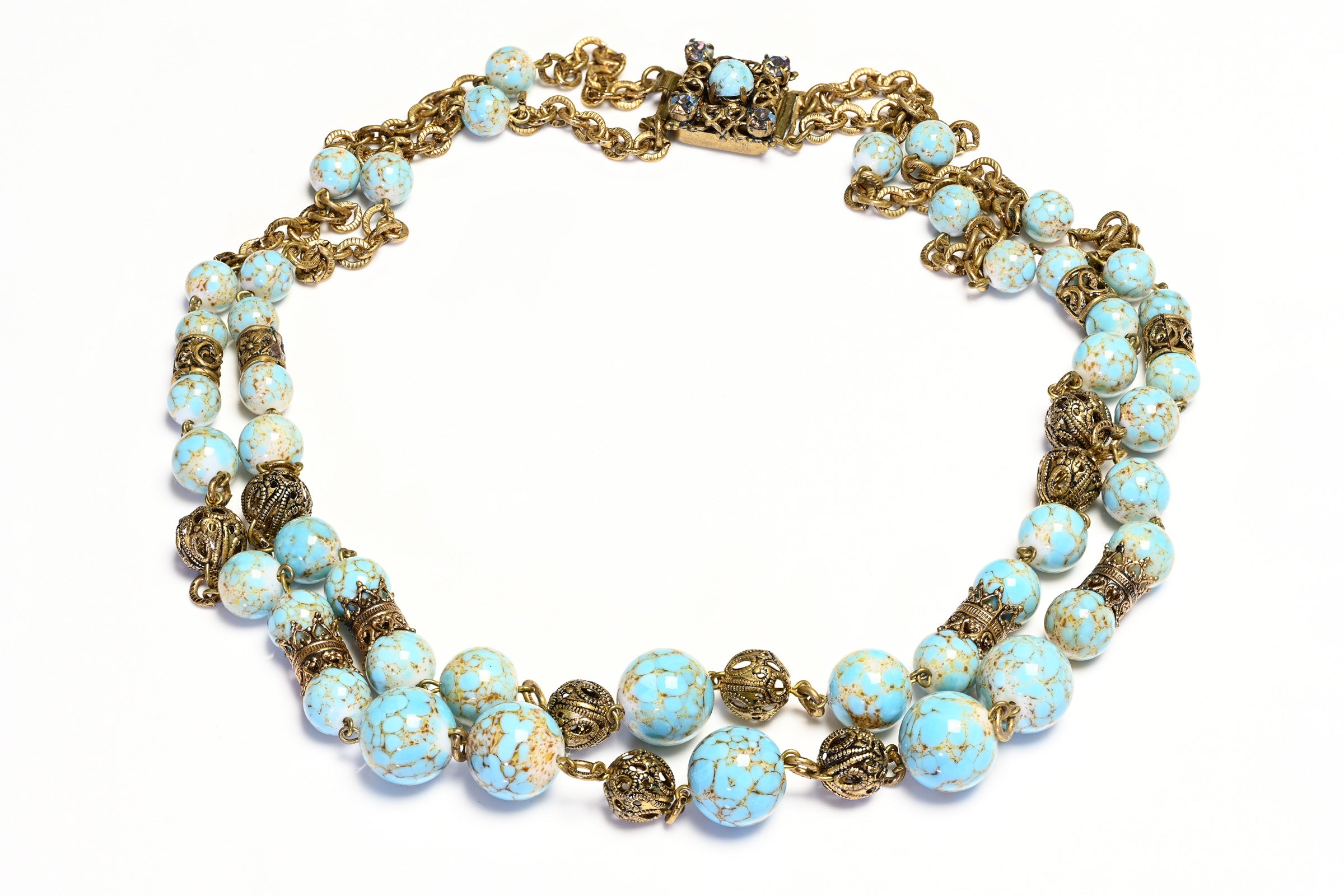 Stunning French hot Vintage Plaster Cameo Neckpiece Chatelaine. Faceted Ice Blue Beaded Chain.