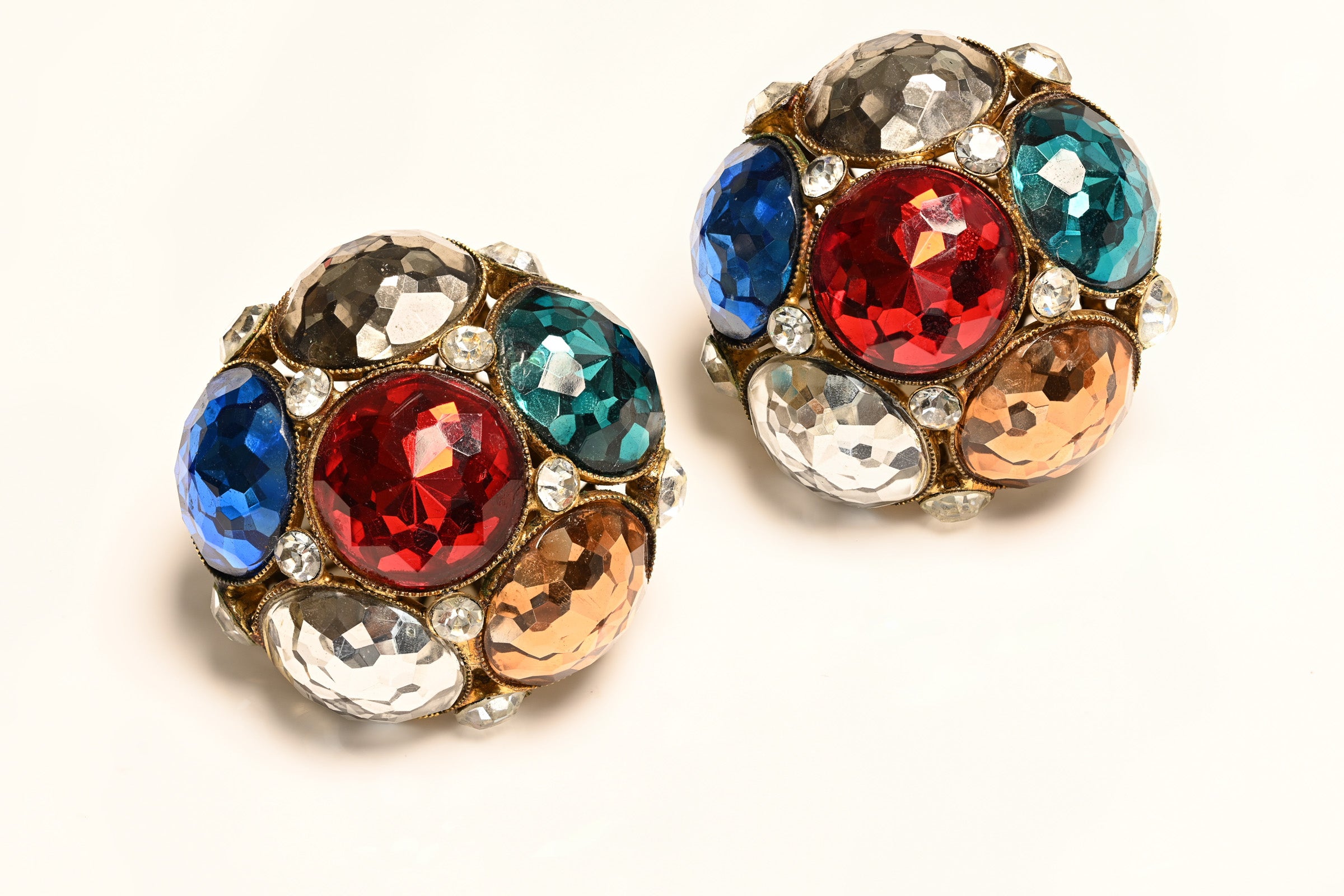 Vintage Vogue Jewelry Red Blue Green Cabochon Dome Crystal Earrings Set