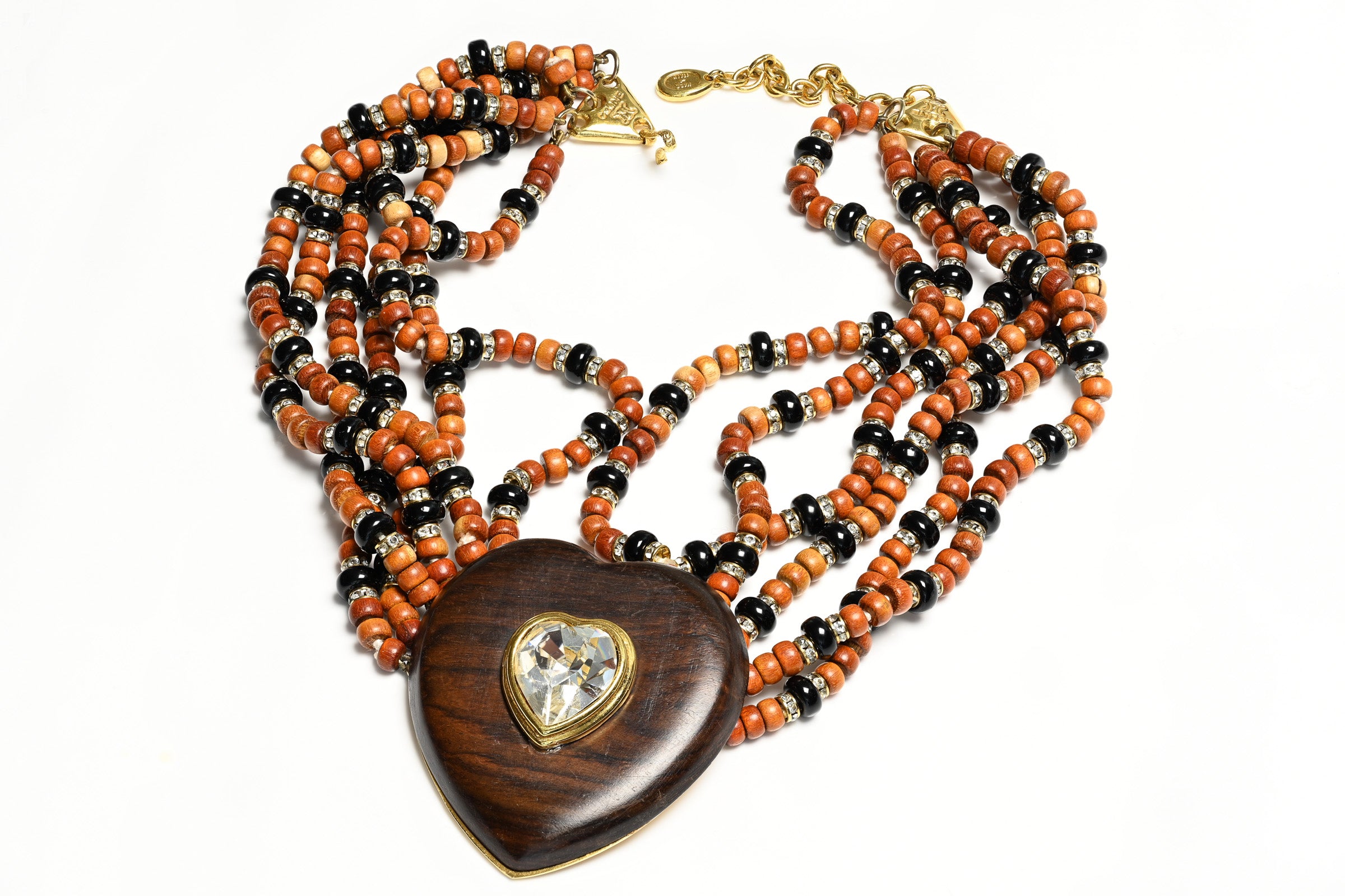 Vintage Celine Paris Brown Wood Heart Crystal Beads Necklace