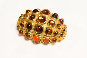Vintage Jeanne Lanvin Paris Gold Plated Brown Cabochon Glass Brooch