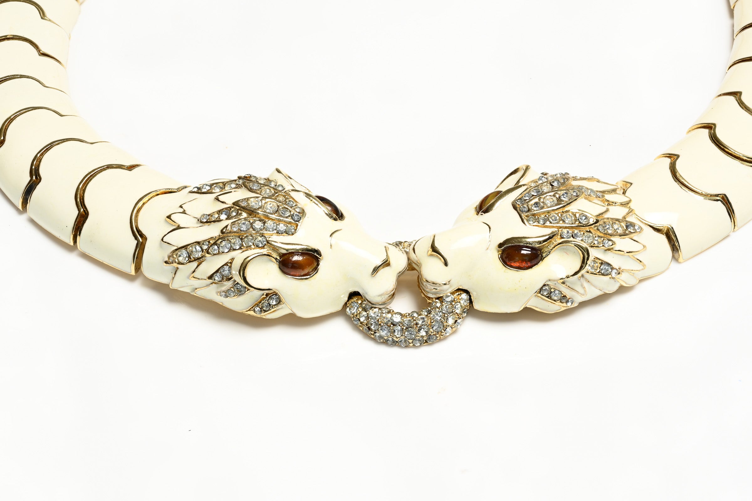 Vintage Ciner White Enamel Crystal Lion Head Necklace