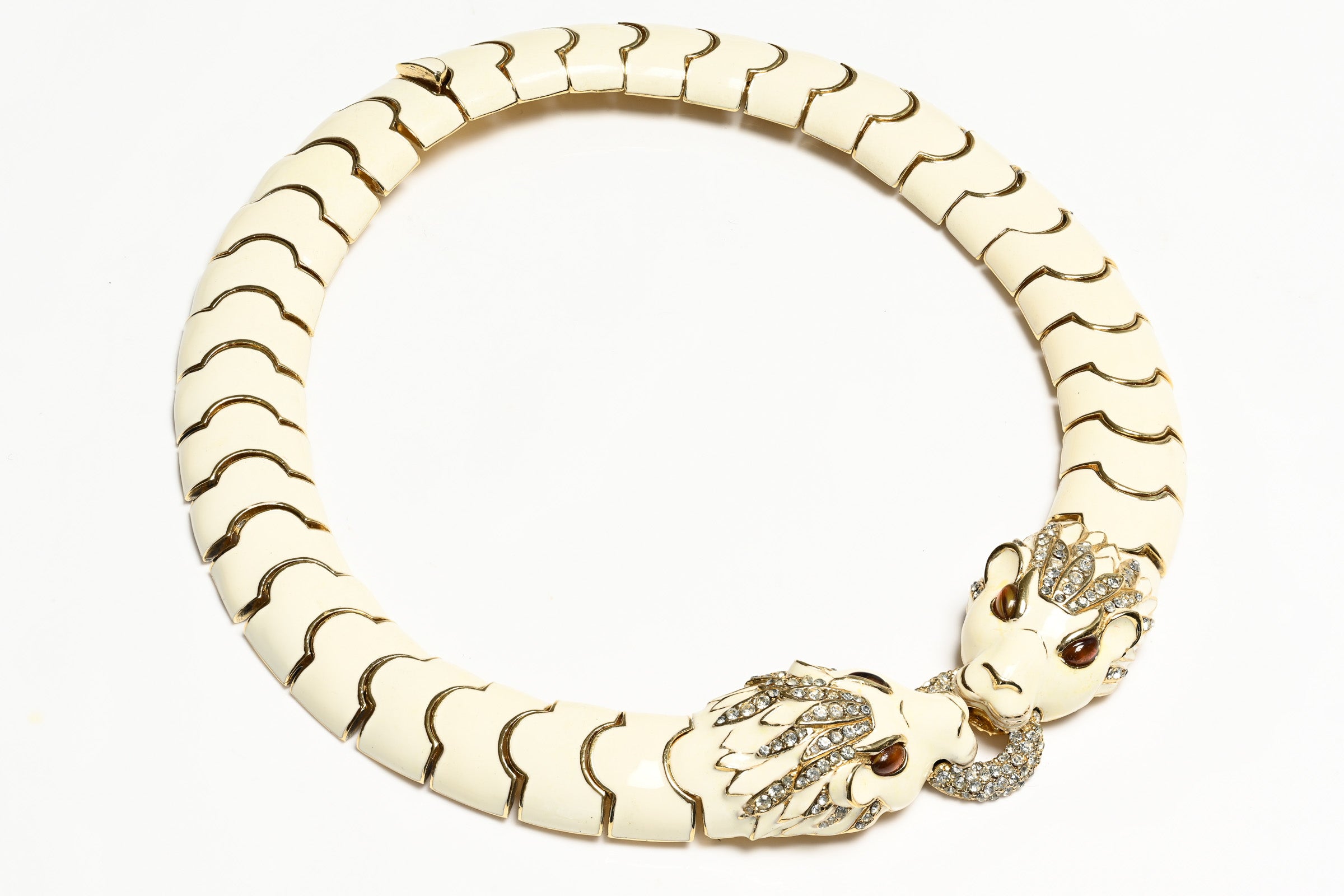 Vintage Ciner White Enamel Crystal Lion Head Collar Necklace