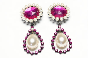 Vintage Yves Saint Laurent Paris Rive Gauche Pink Crystal Pearl Long Earrings